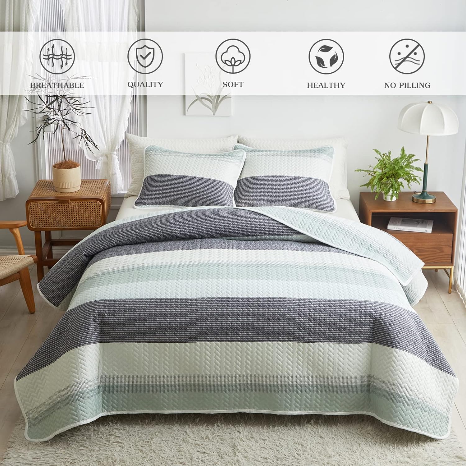 Flysheep Boho Striped Quilt Set Queen Size 3 Pcs Reversible Bedspread