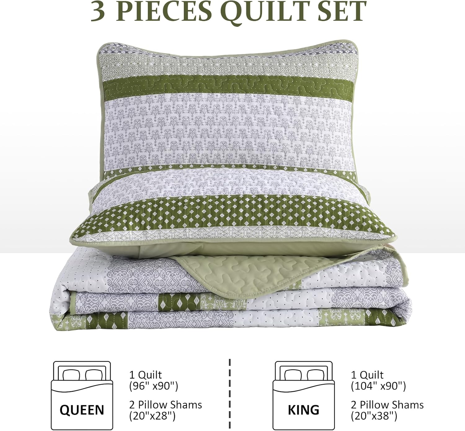 WONGS BEDDING Olive Green Boho Quilt Set Queen Size 3 Pieces