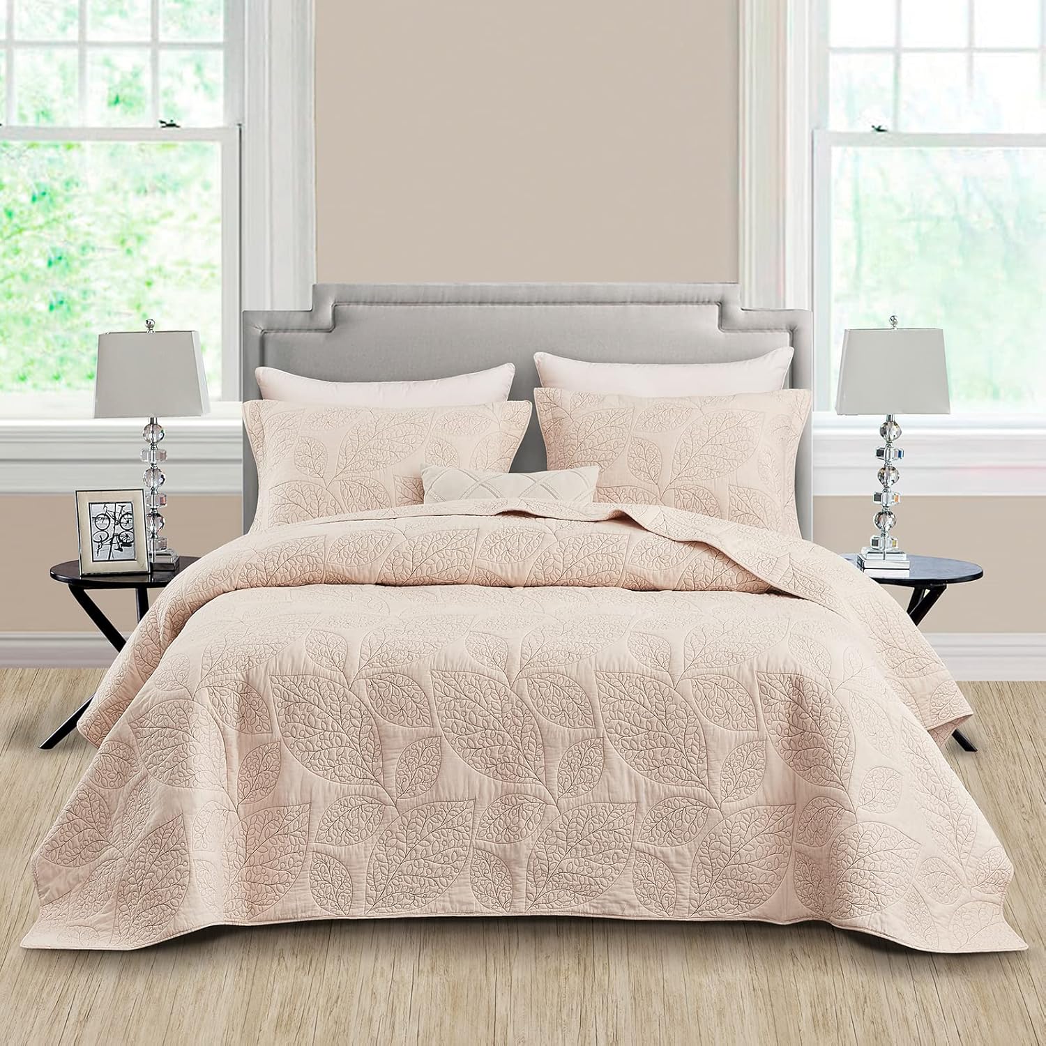 CHIXIN Botanical Cotton Quilt Set - Leaf Pattern Reversible 3 Piece Oatmeal