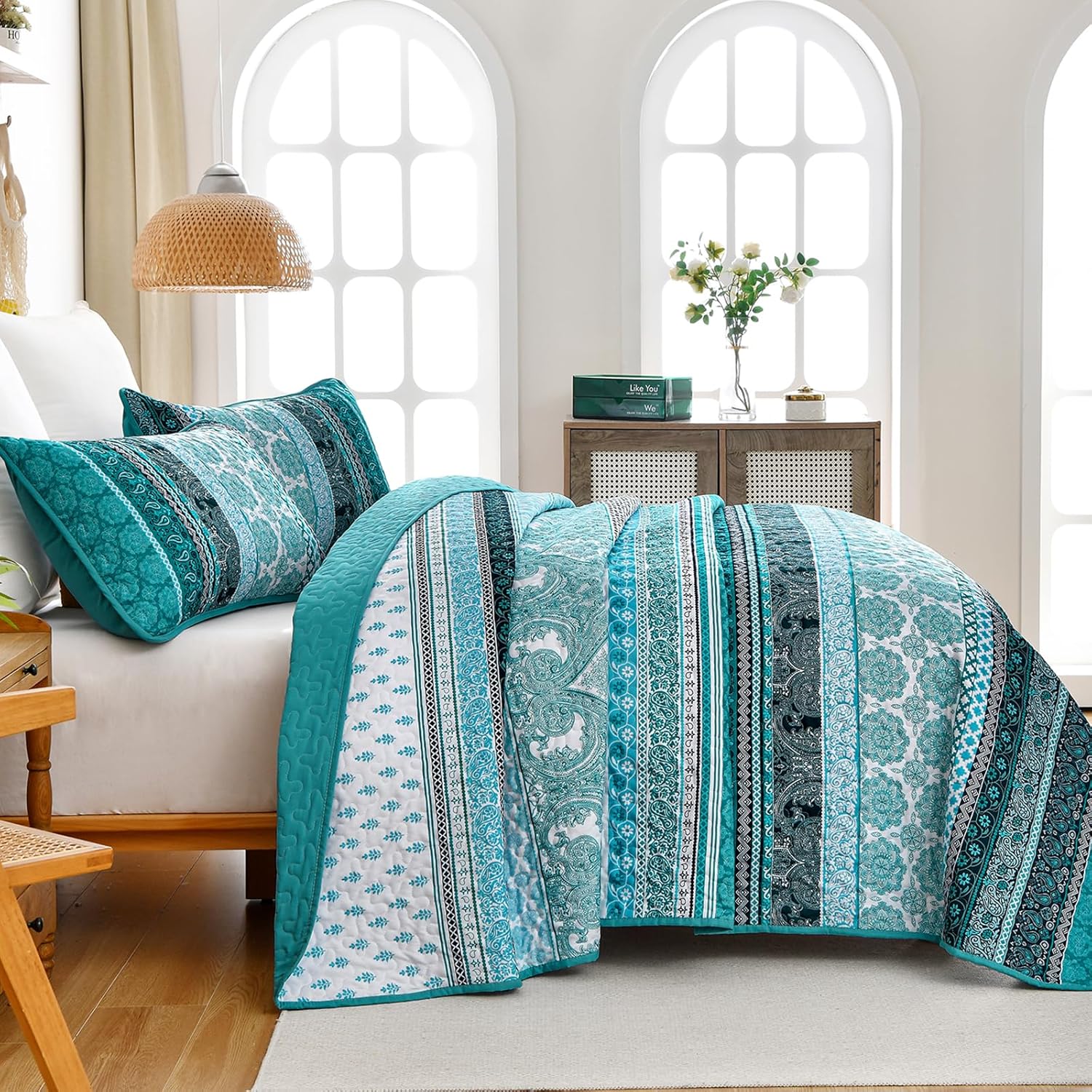 WONGS BEDDING Teal Boho Quilt Set Queen 3 Piece