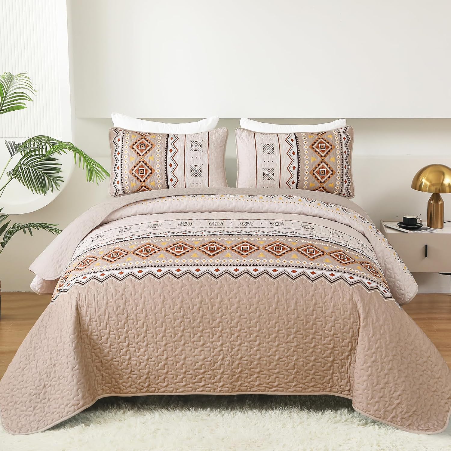 WONGS BEDDING Boho Beige Quilt Set Queen Size 1
