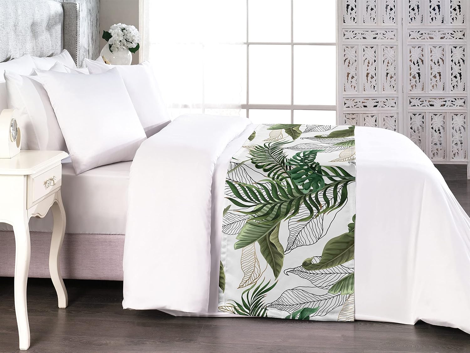 Ambesonne Tropical Bed Runner Queen Size Army Green White Pattern