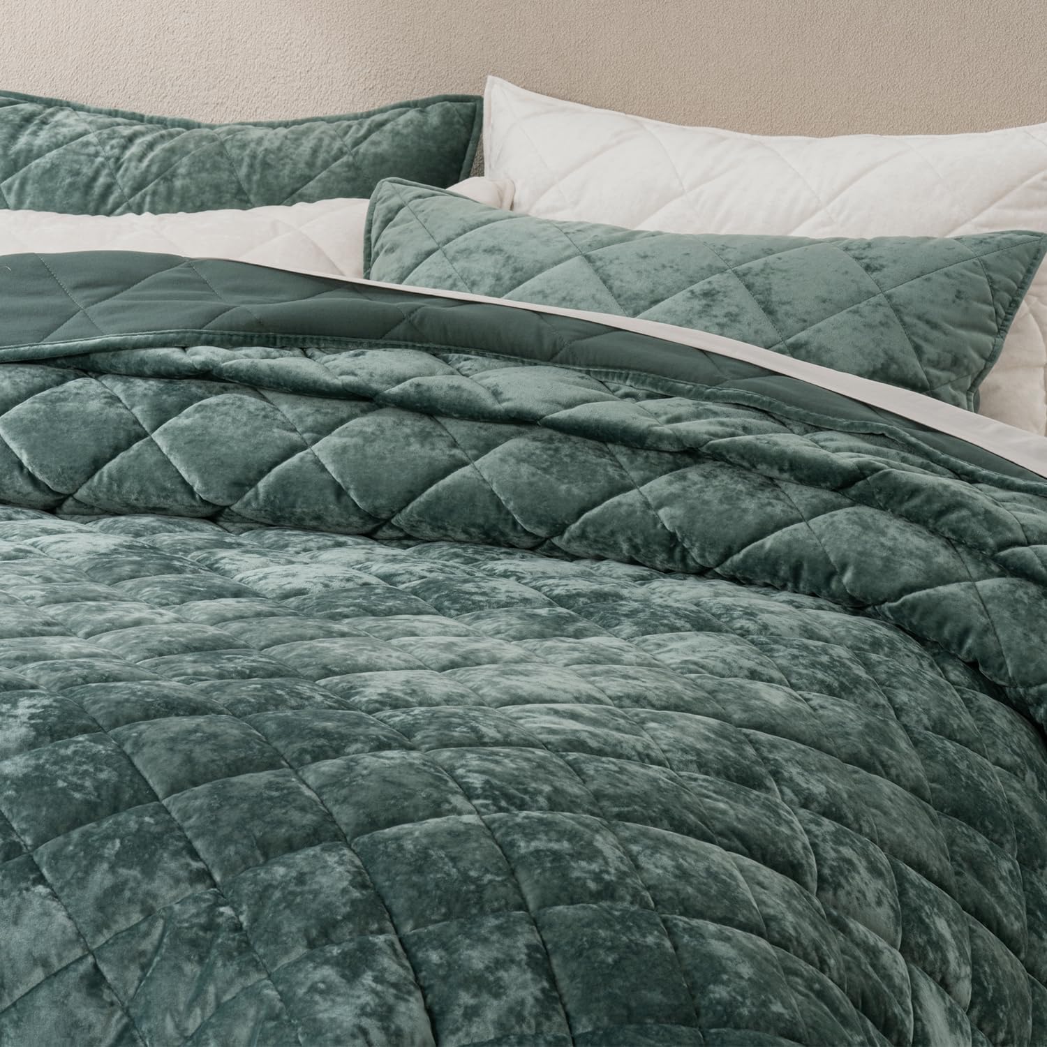 EVERGRACE Velvet Quilt Set King Size Dark Green