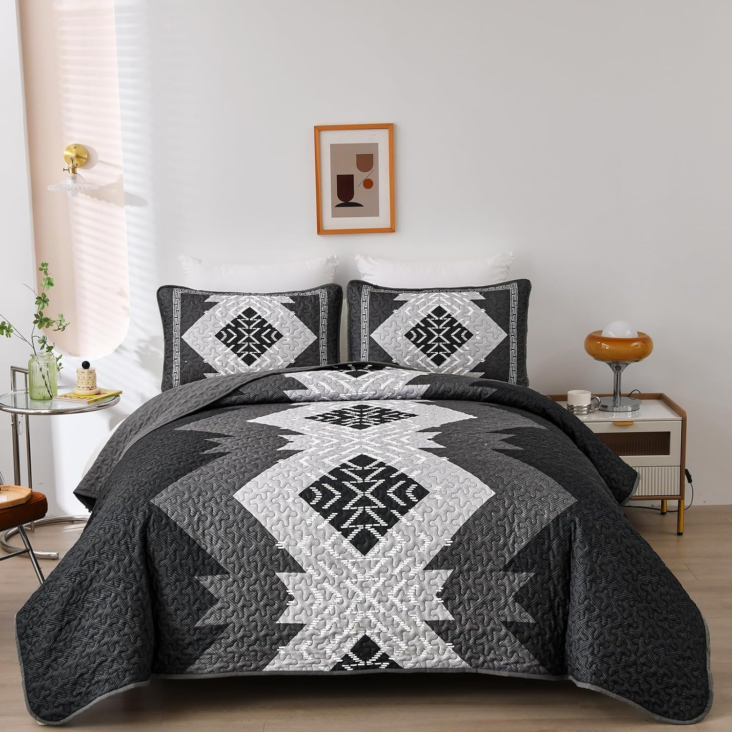 Dintszyayue Black Boho Quilt Set 3 Piece California King 1