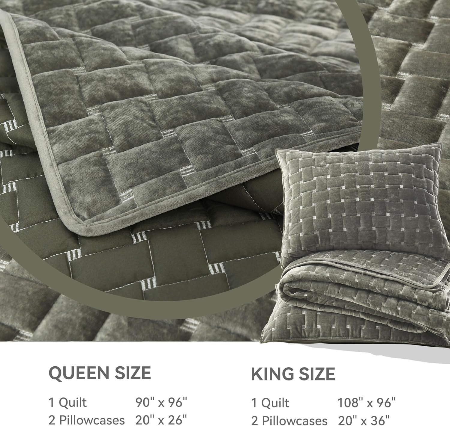 Grassix Velvet Quilt Set King Size Luxe Olive Green