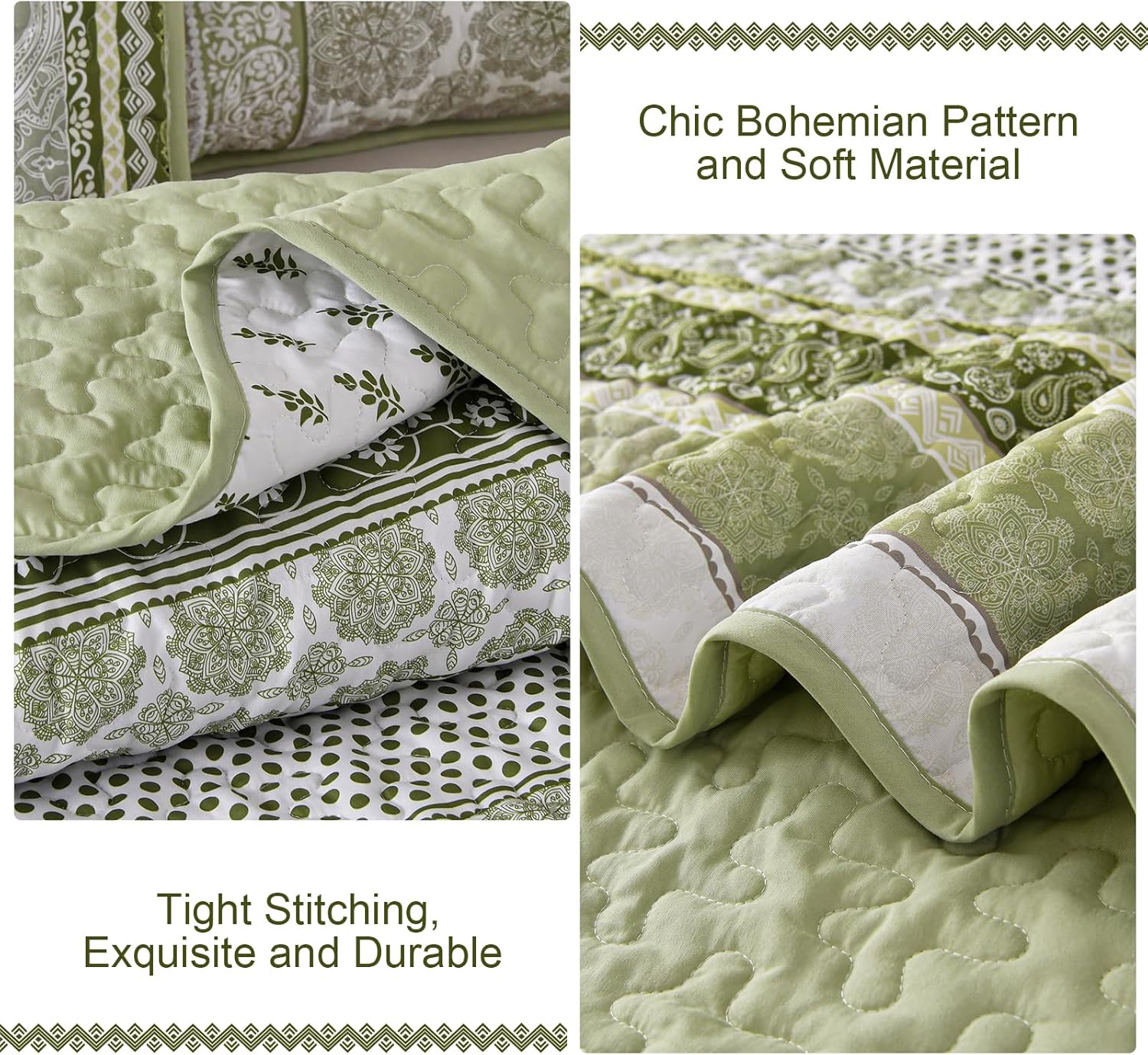 WONGS BEDDING Sage Green Boho Quilt Set Queen Size 3 Pieces