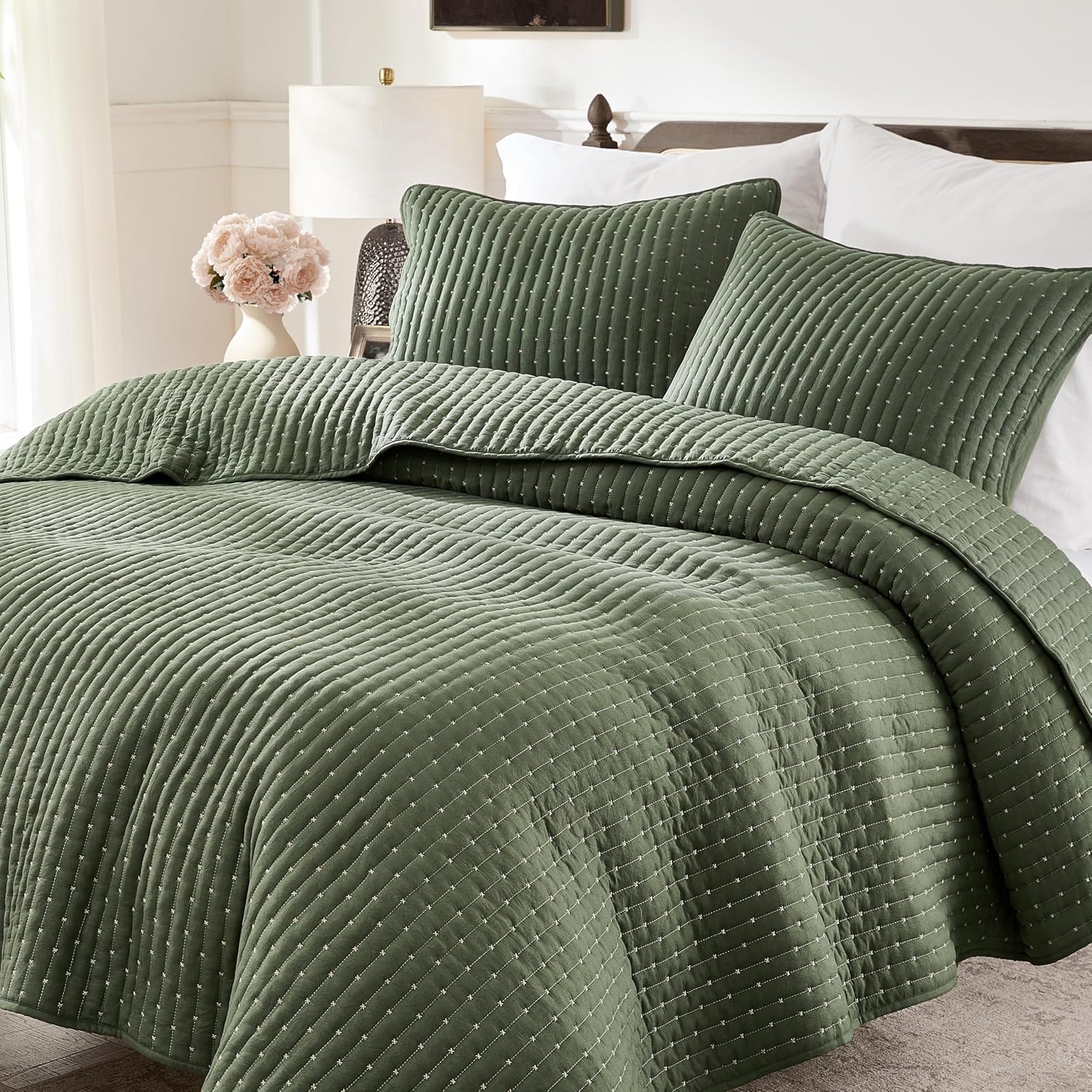 WDCOZY Olive Green Cross Stitch King Size Quilt Set