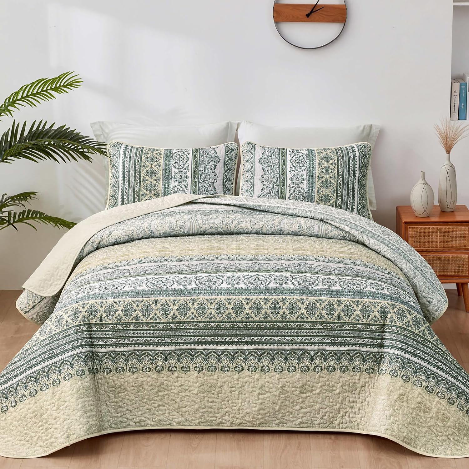 WONGS BEDDING Boho Quilt Set Queen Size Beige 3 Pieces