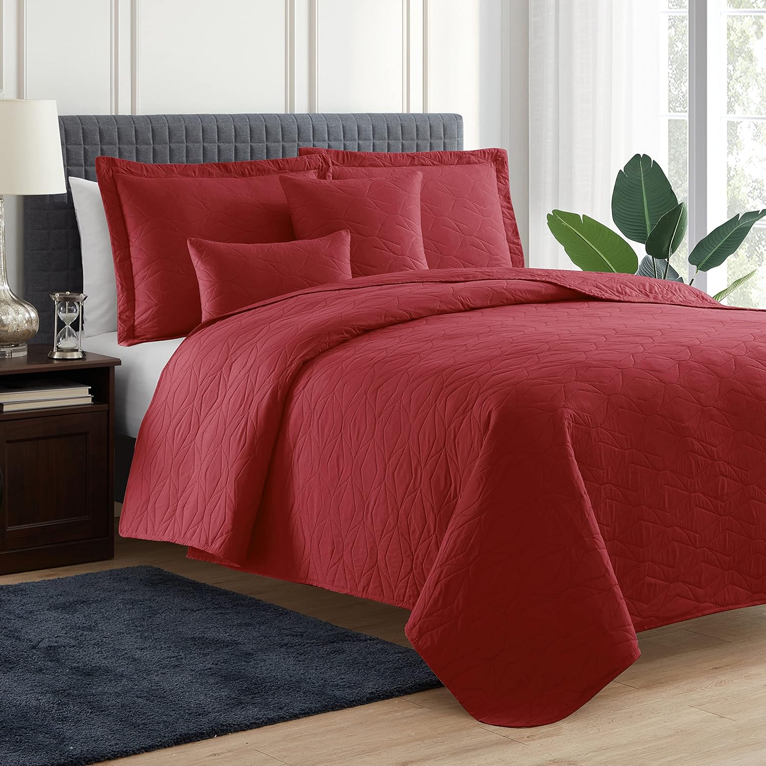 Clara Clark Queen Quilt Set - 7 Piece Burgundy Bedspread with Pillow Shams