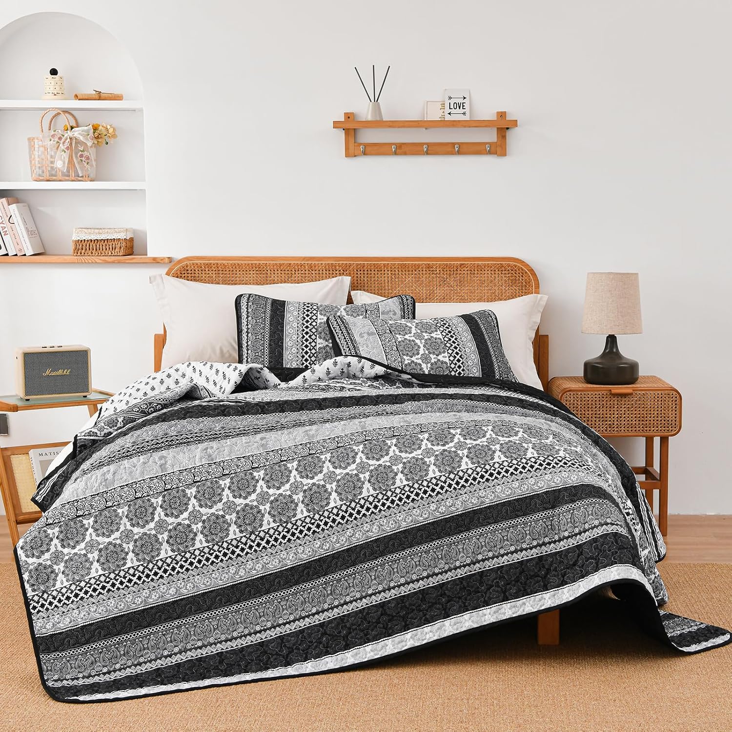 WONGS BEDDING Grey Boho Quilt Set King Size 3 pcs
