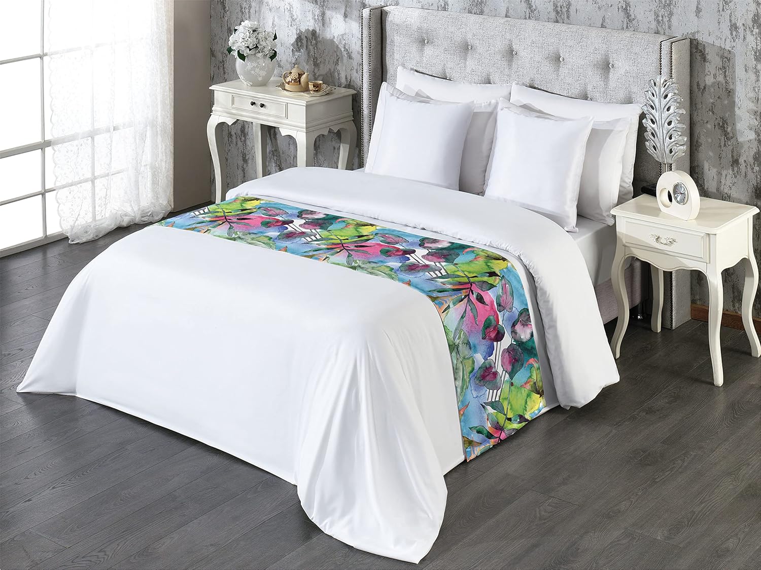 Ambesonne Leaf Print King Bed Runner Green Blue and Pink