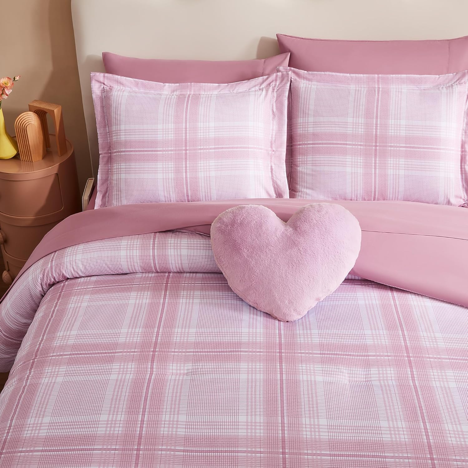 Rose Pink Plaid Comforter Set for Girls 7 Piece 1