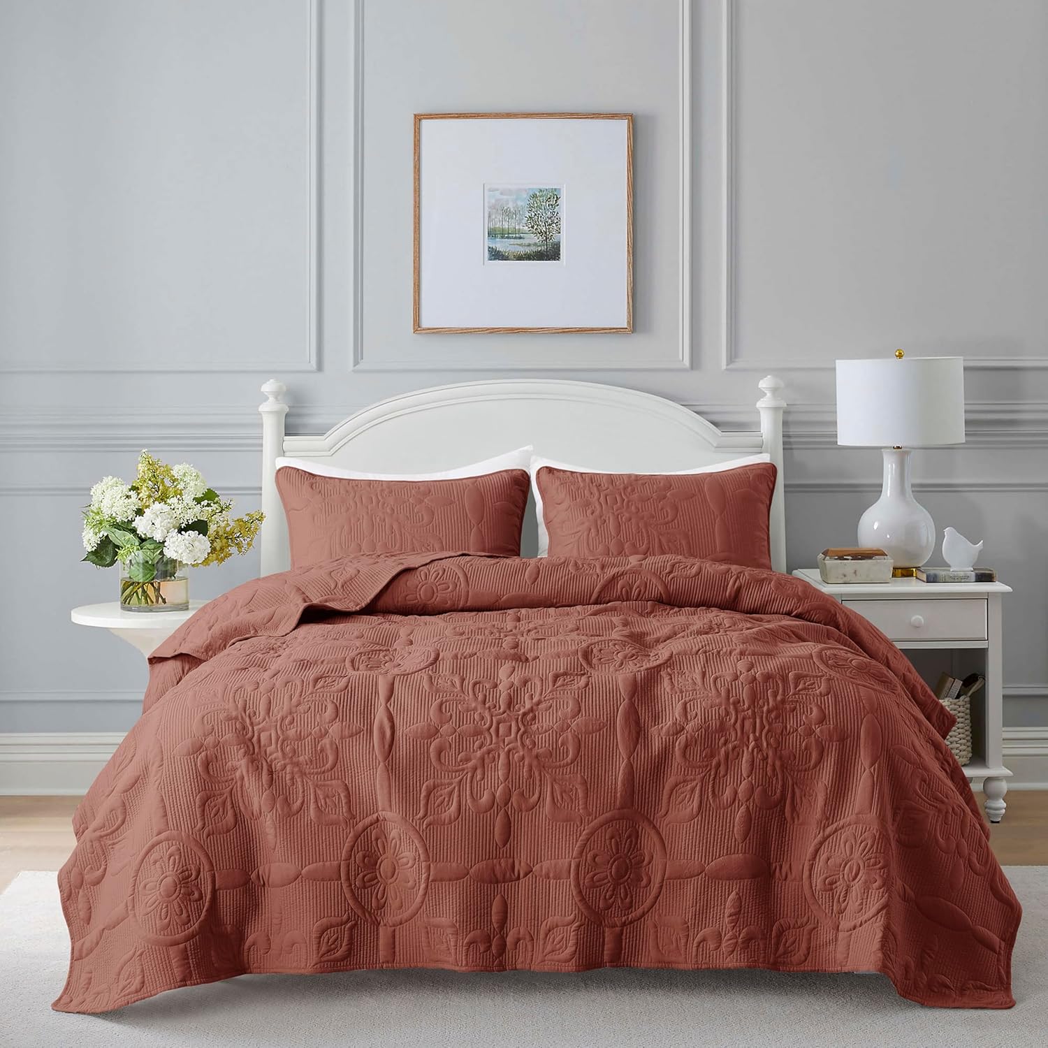 B2EVER Damask Quilt Cal King Bed Set Burnt Orange