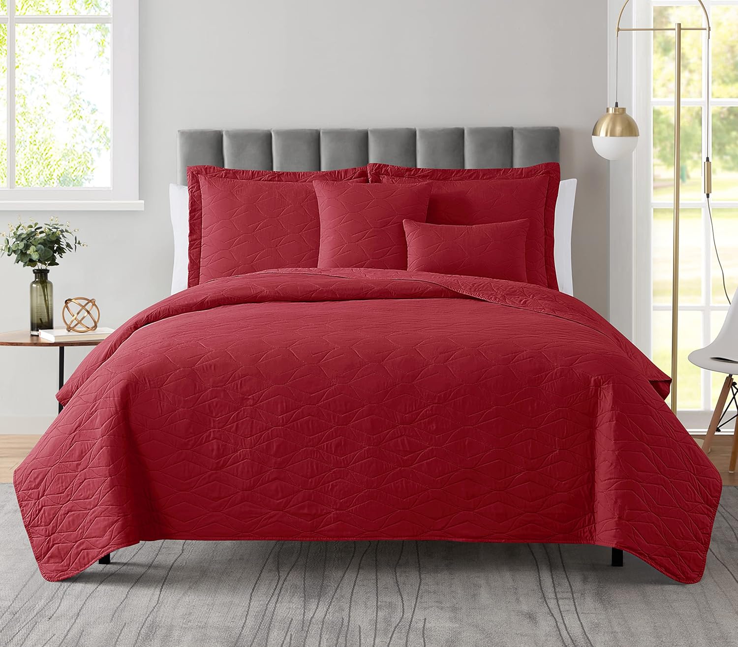 Clara Clark Queen Quilt Set - 7 Piece Burgundy Bedspread with Pillow Shams