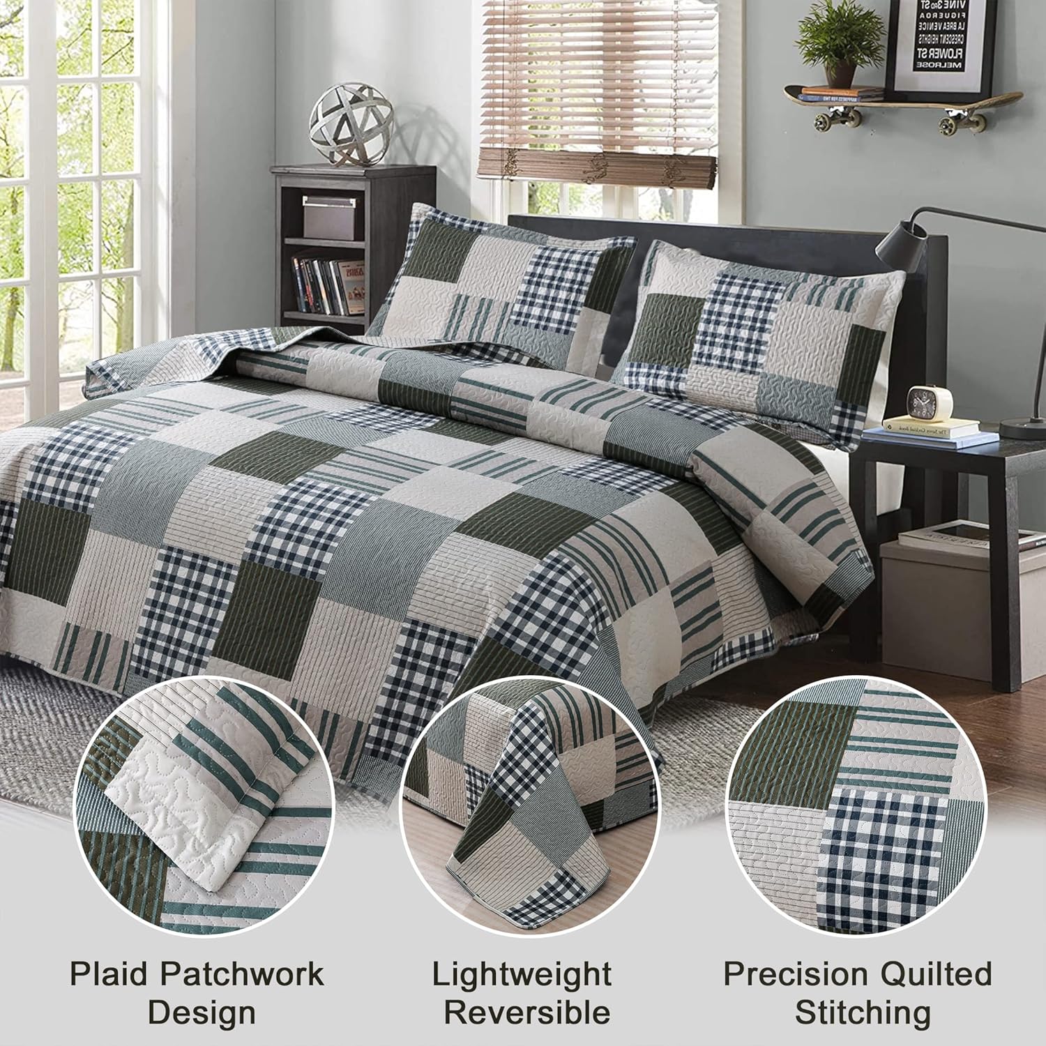 Jessy Home Queen Size Plaid Patchwork Bedspread Set