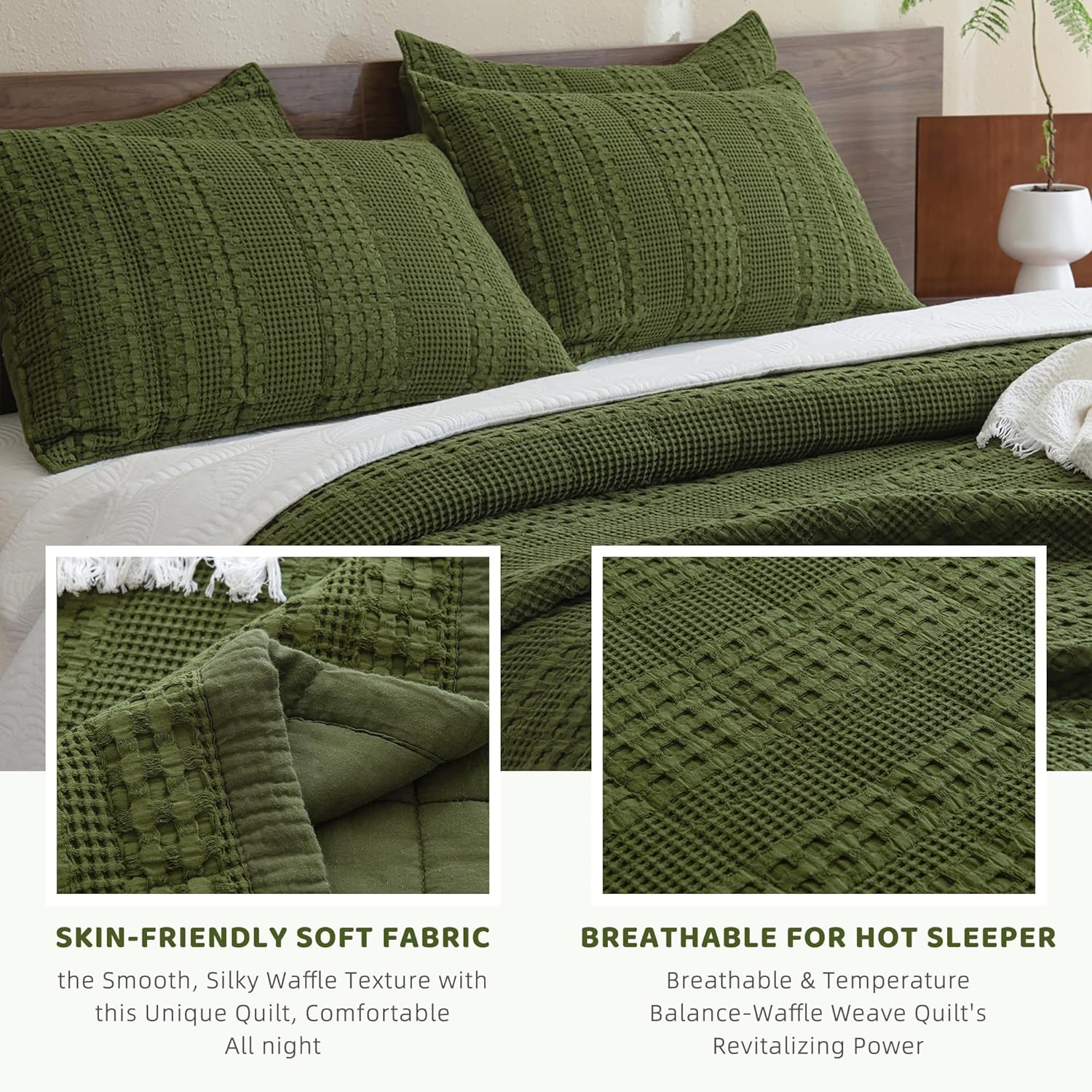 Sanracie Cotton Waffle Quilt Set King Size Olive Green