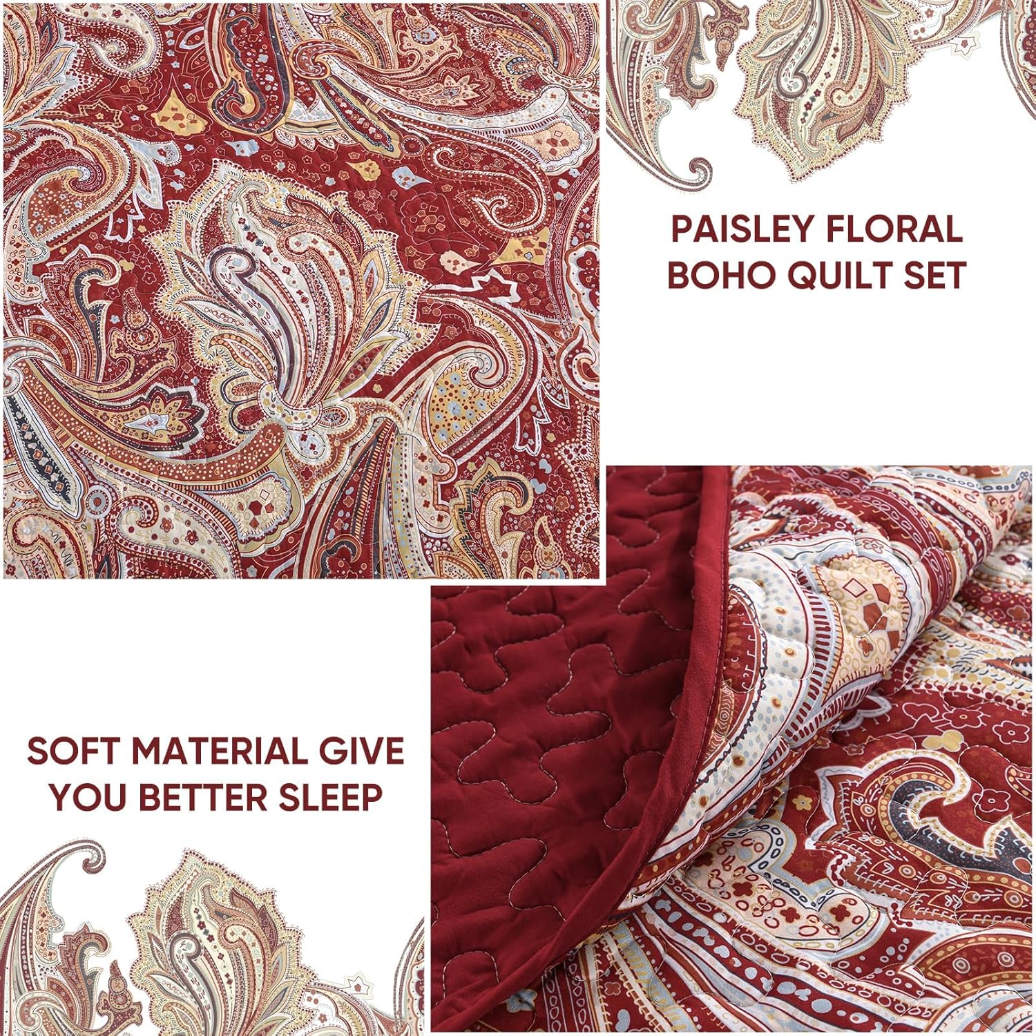 DJY Red Paisley Quilt Set - King Size 3 Piece