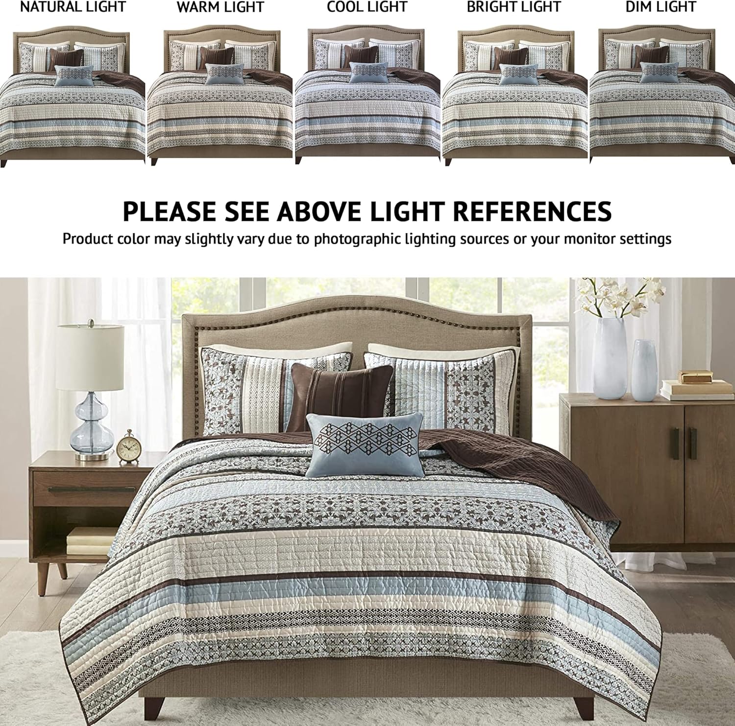 Madison Park Quilt Set with Jacquard Stripes - 5 Piece Floral Blue