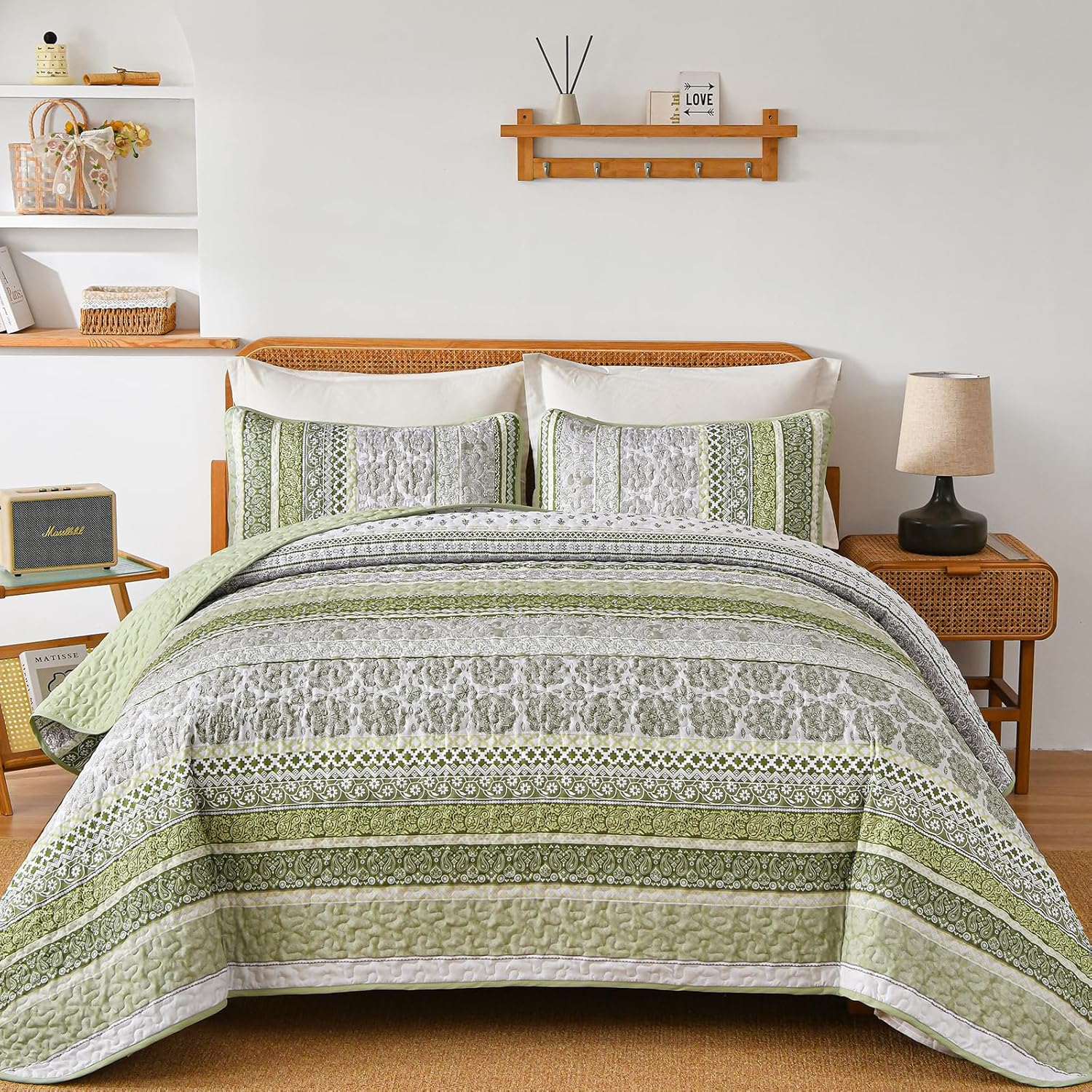 WONGS BEDDING Sage Green Boho Quilt Set Queen Size 3 Pieces