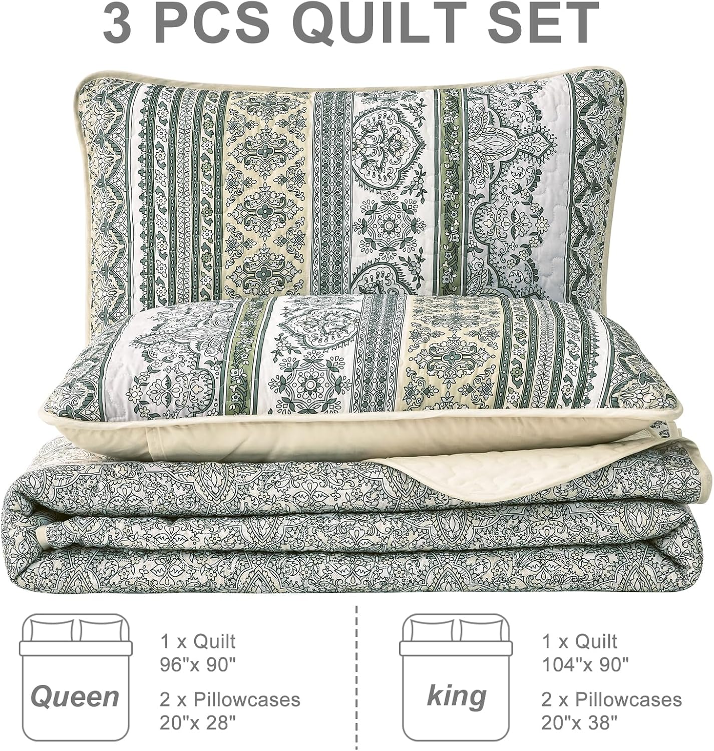 WONGS BEDDING Boho Quilt Set Queen Size Beige 3 Pieces