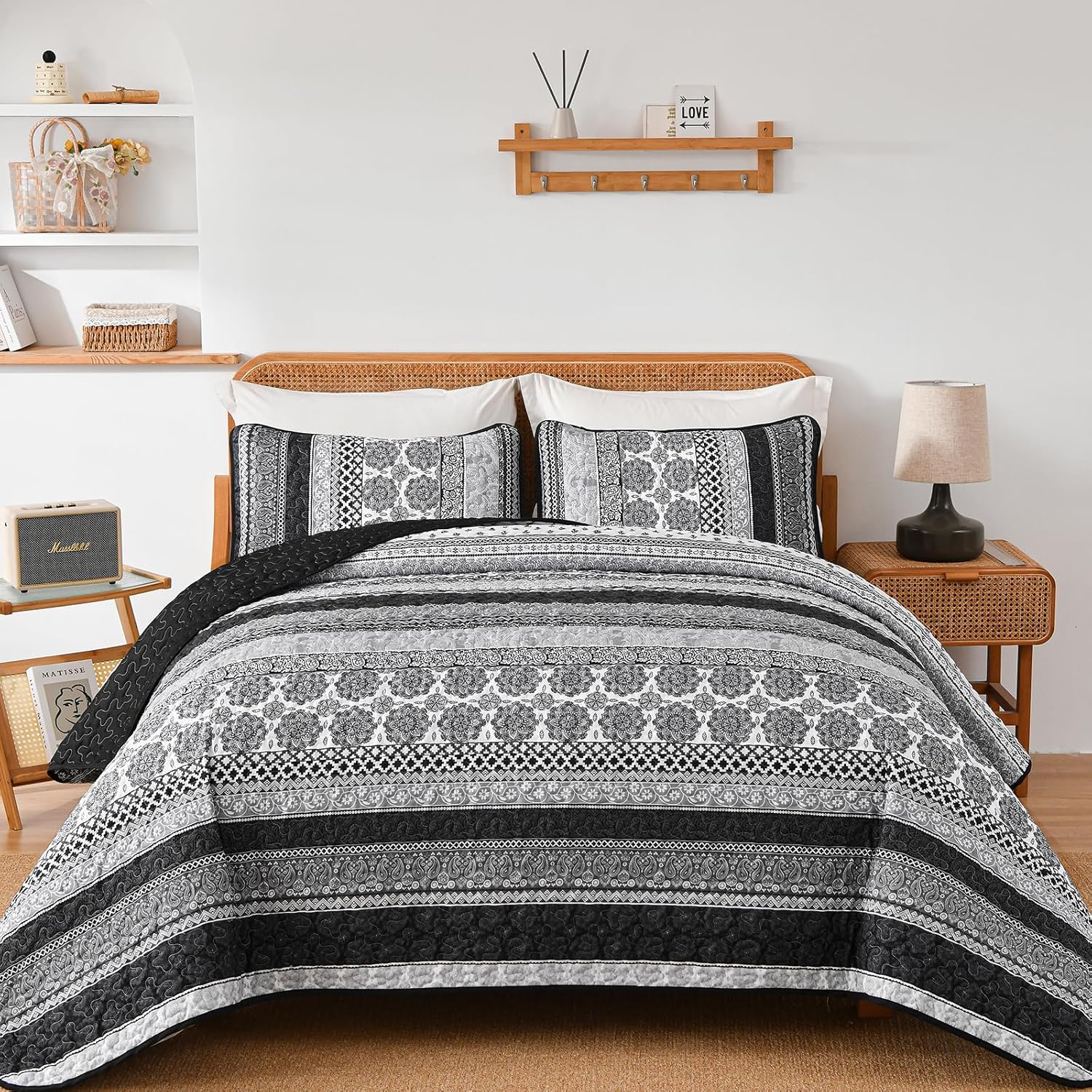 WONGS BEDDING Grey Boho Quilt Set King Size 3 pcs