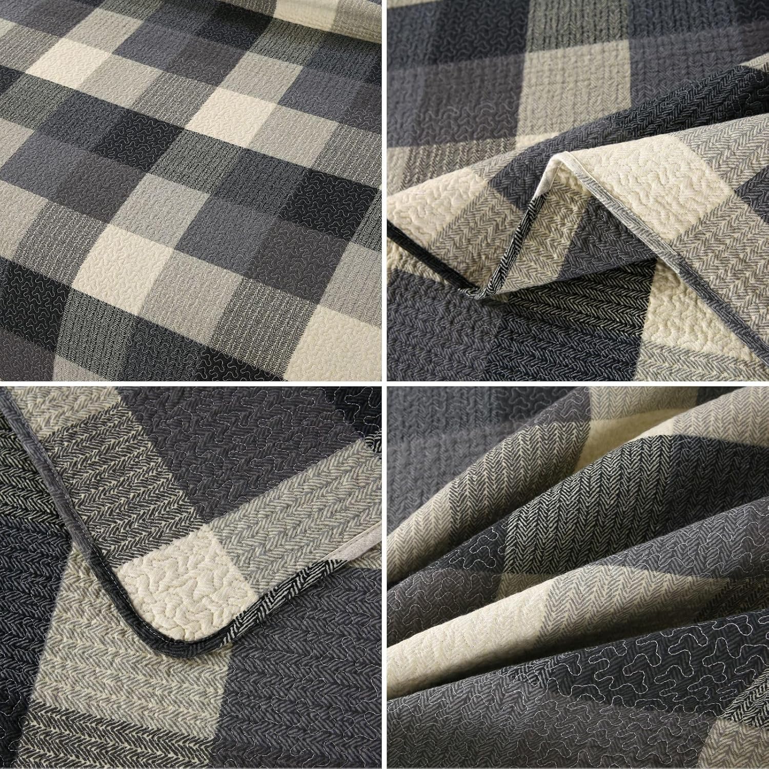 vctops Farmhouse Blue Plaid Quilt Set Queen 3 Pieces