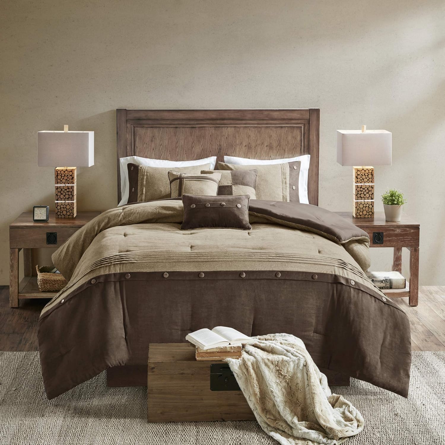 Madison Park Boone Cozy Comforter Set Faux Suede Rustic Brown 7 Piece