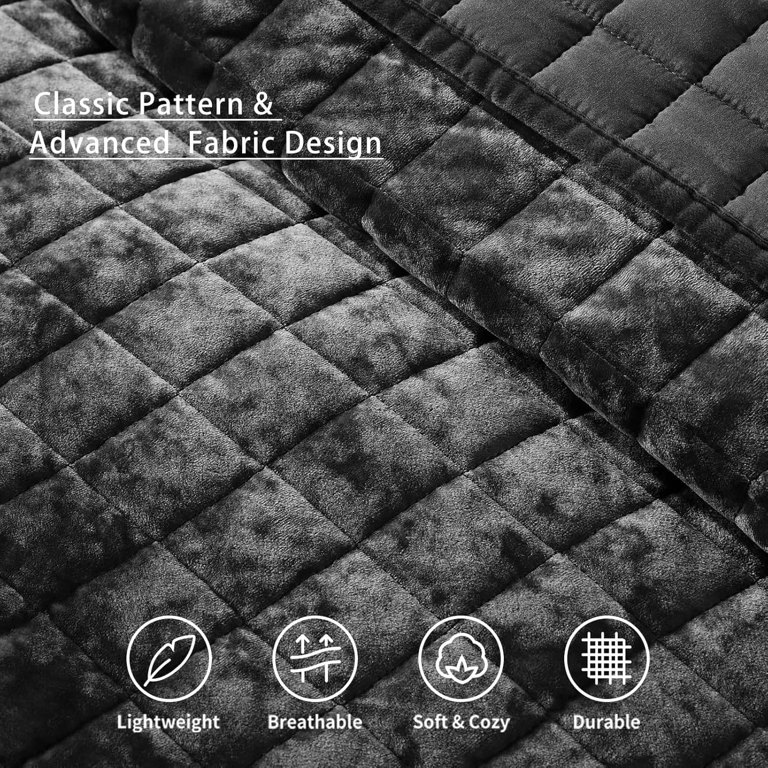 LEAONME Velvet Quilt Set - 90x98 Black Comforter with Pillow Shams