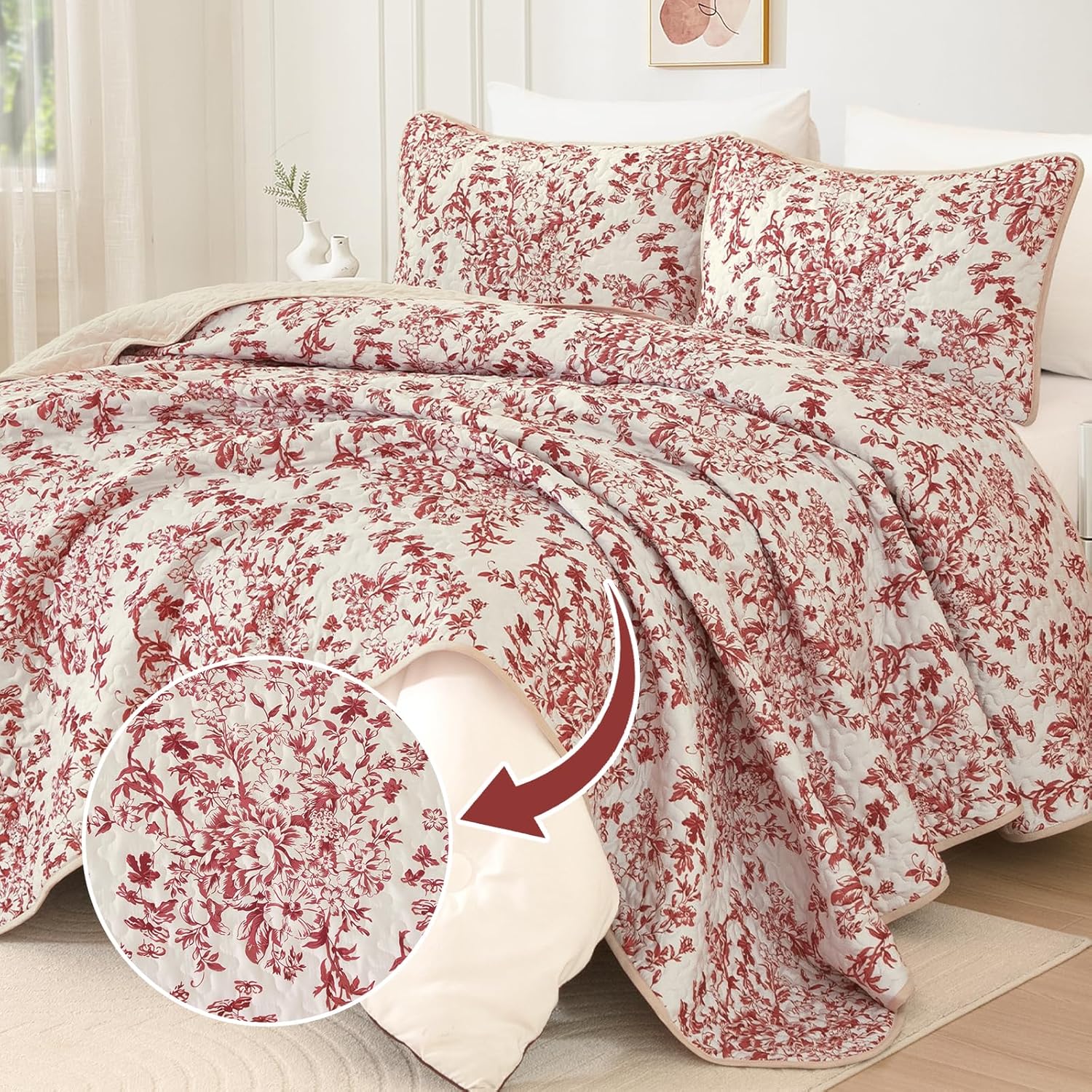 WONGS BEDDING King Size Quilt Set Red 3 Pieces