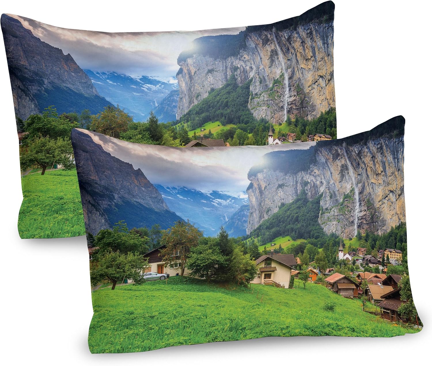 Ambesonne Pillow Sham Set of 2 Green Grey Lauterbrunnen Switzerland