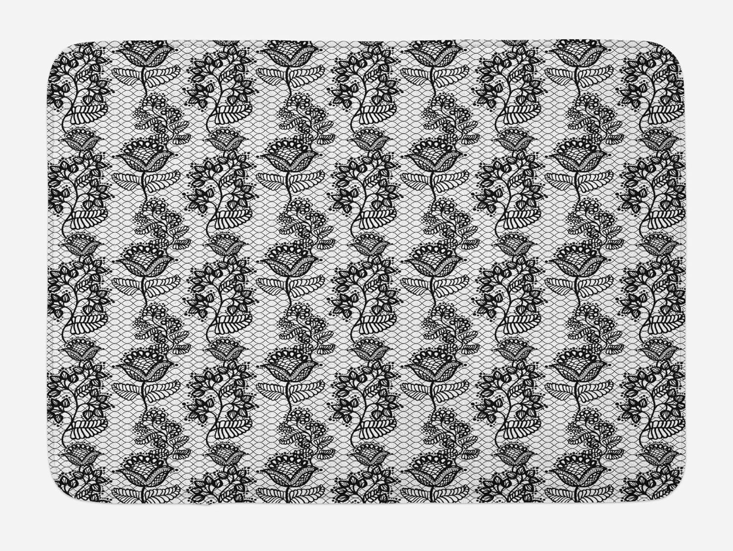 Ambesonne Black White Bath Mat with Victorian Flower Motifs
