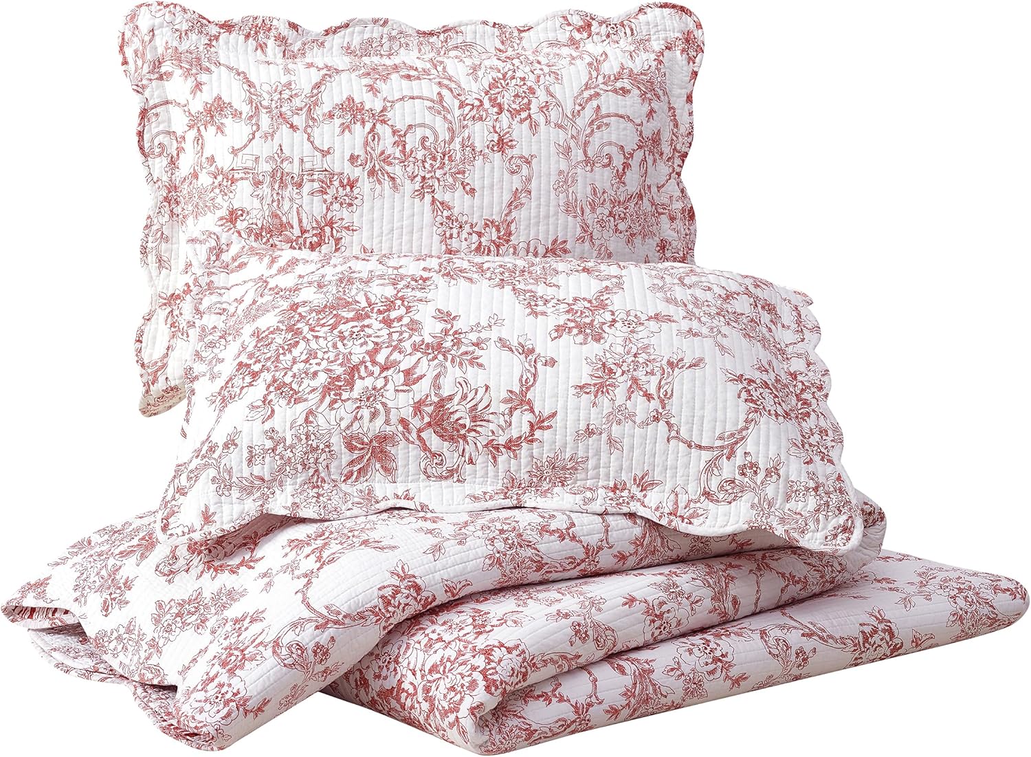 Garden Toile 3-Piece Reversible Quilt Set - Red 1