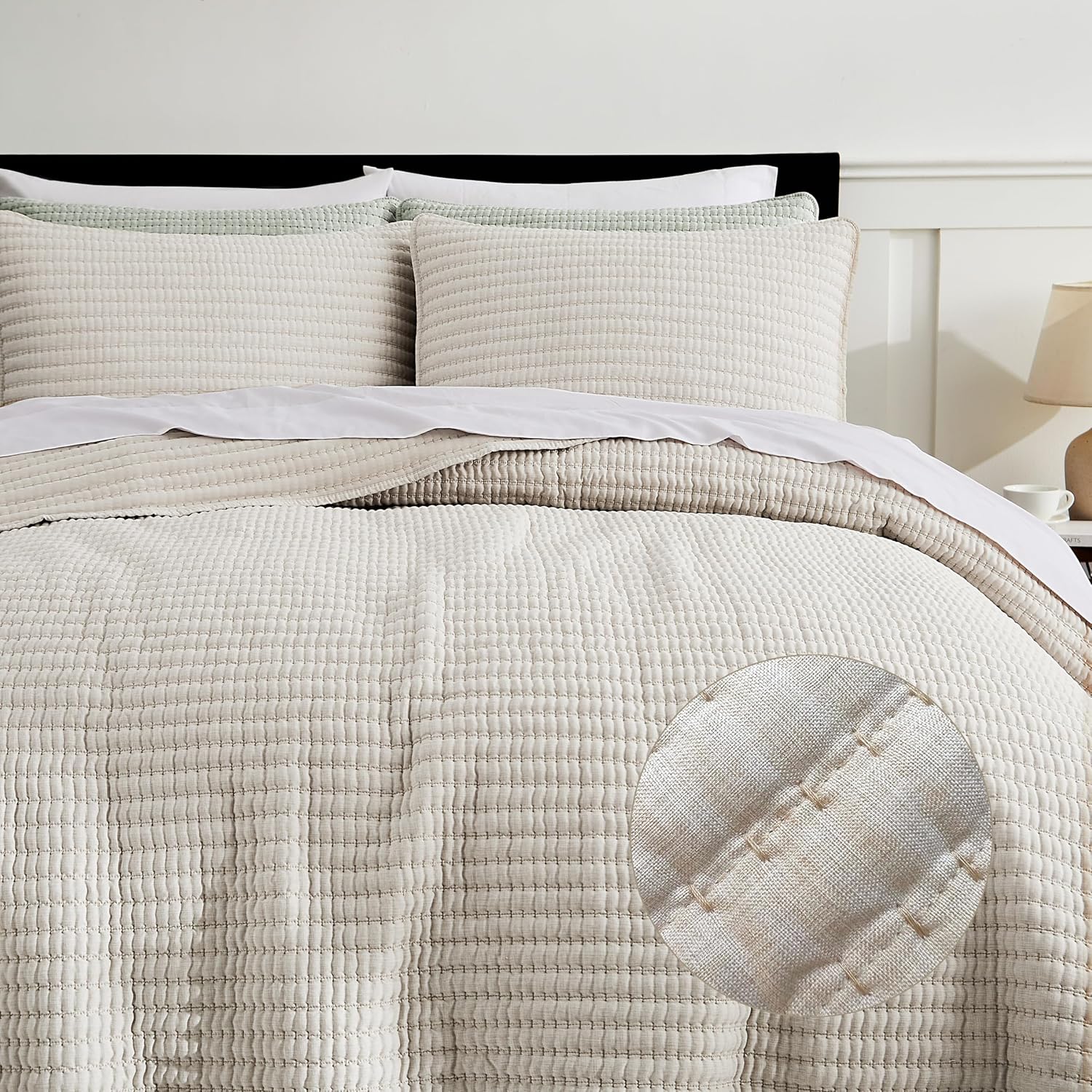 WDCOZY Beige Stripe Twin Quilt Set with Pick Stitch 1