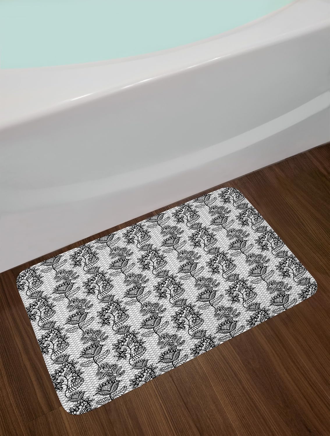Ambesonne Black White Bath Mat with Victorian Flower Motifs