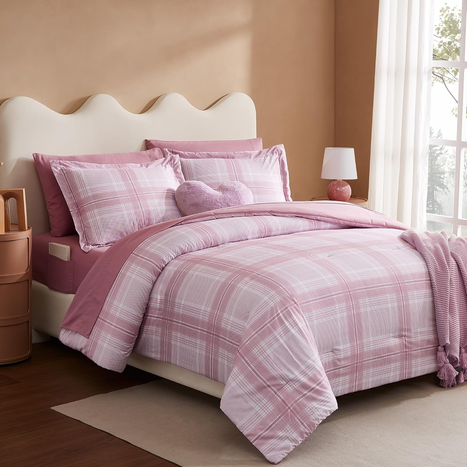Rose Pink Plaid Comforter Set for Girls 7 Piece 1