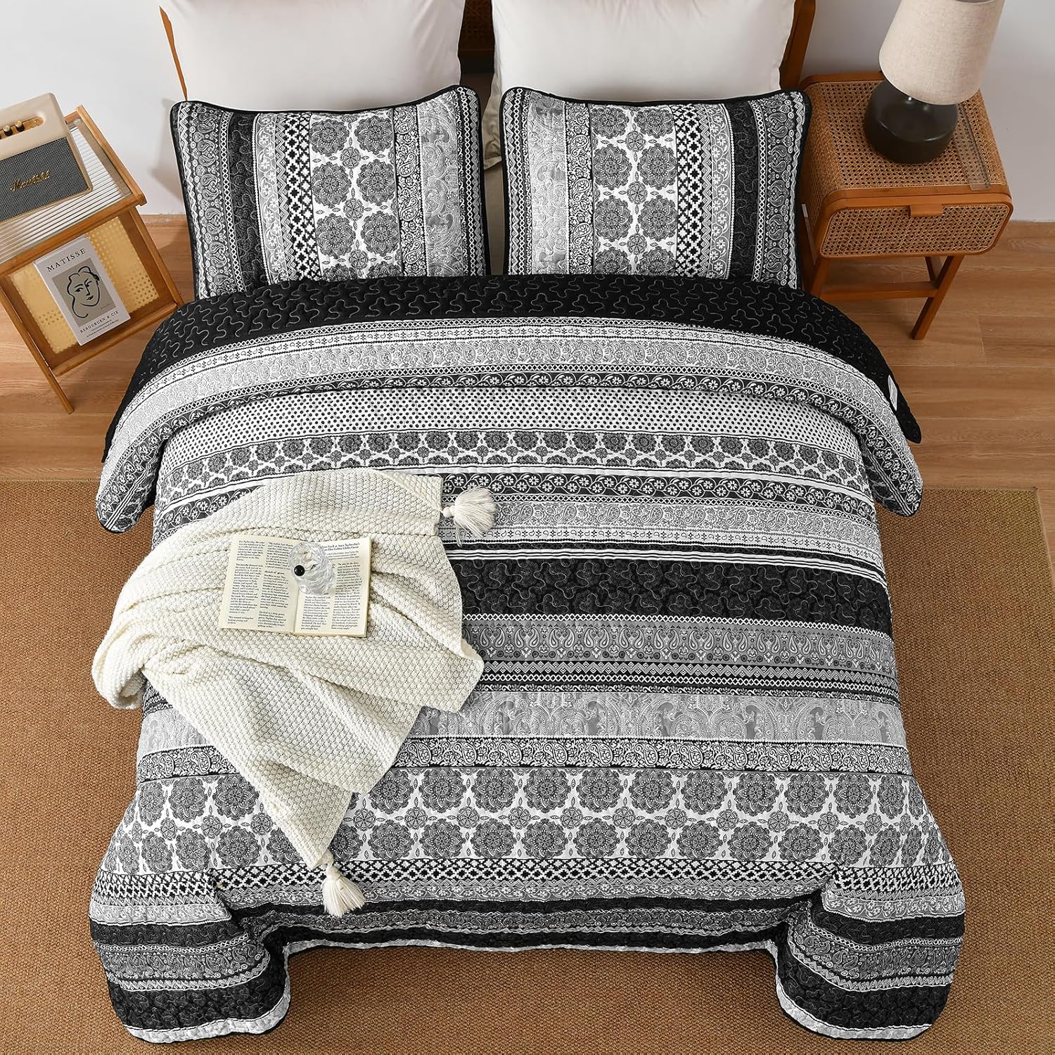 WONGS BEDDING Grey Boho Quilt Set King Size 3 pcs
