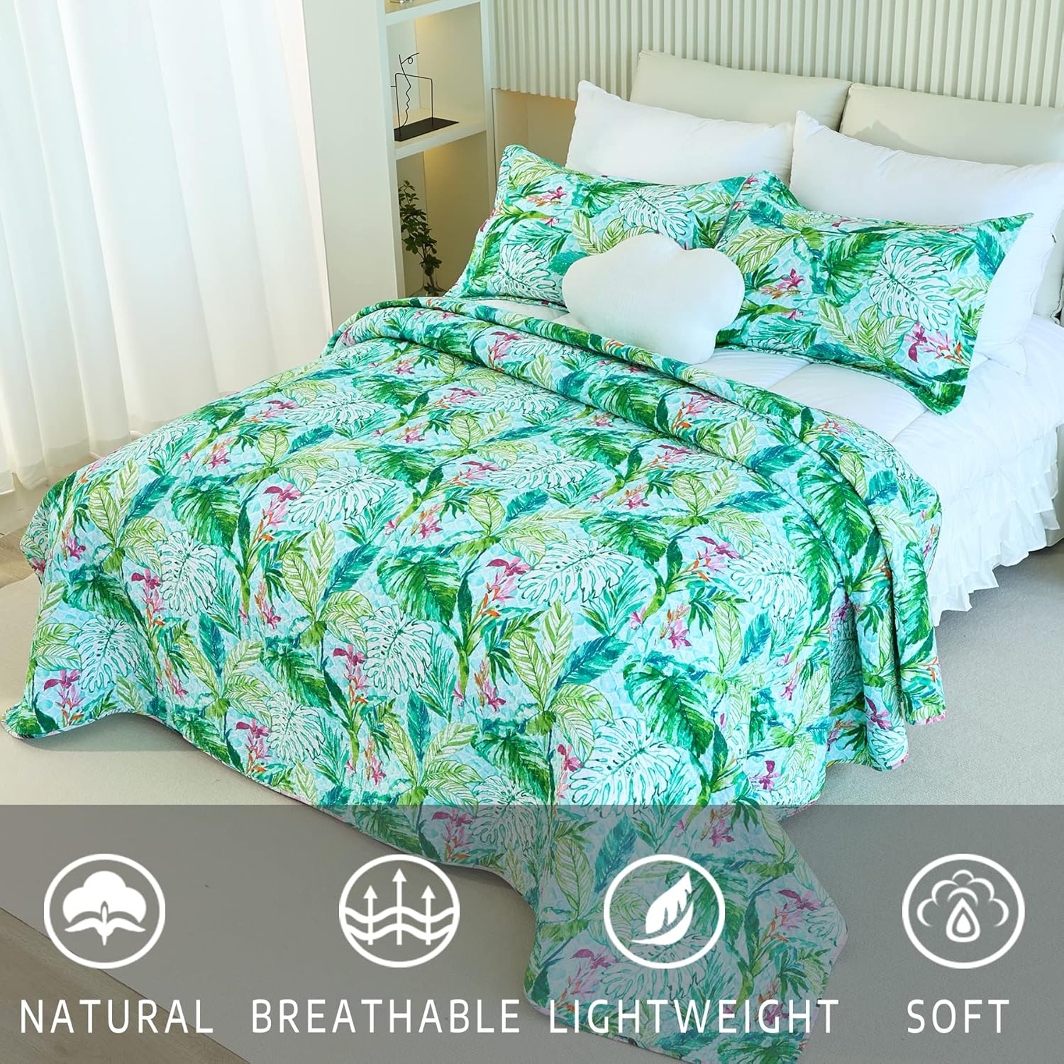 EVENHUG Green Leaf Twin Quilt Set Reversible Bedspread