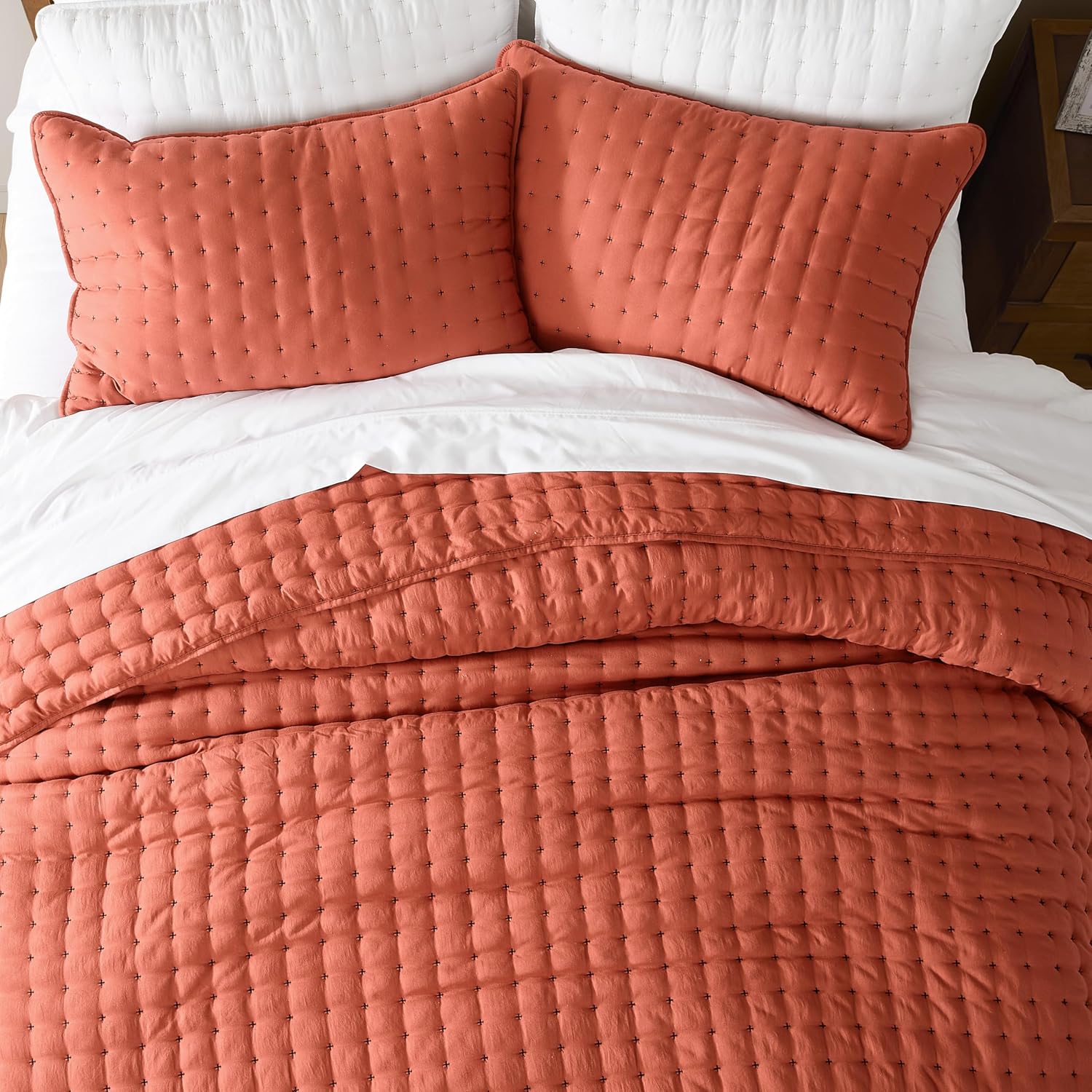 Burnt Orange Cal King Quilt Set with Pillow Shams 3 Piece Bedding