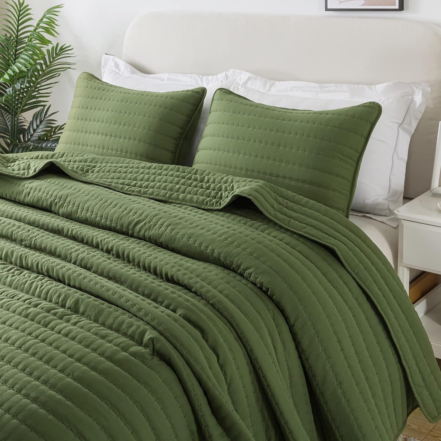 Olive Dark Green King Size Quilt Set with Pillow Shams