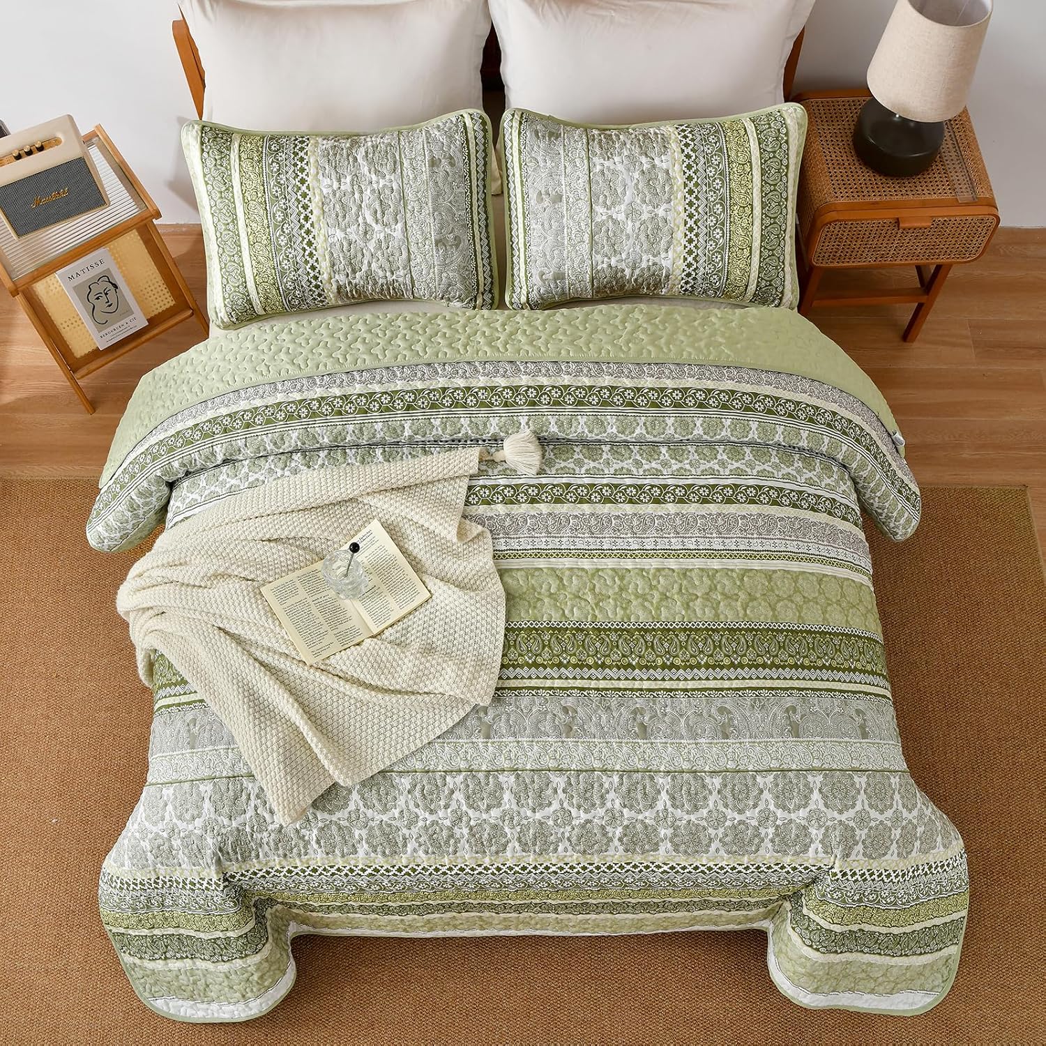 WONGS BEDDING Sage Green Boho Quilt Set Queen Size 3 Pieces