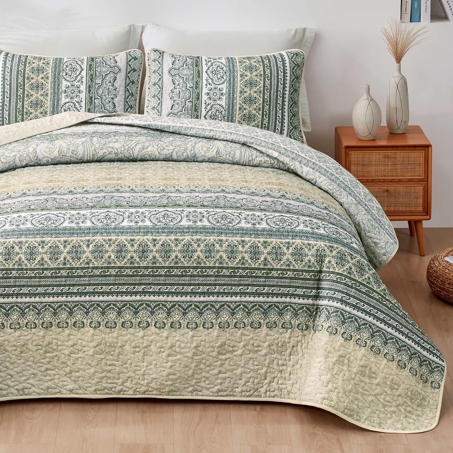 WONGS BEDDING Boho Quilt Set Queen Size Beige 3 Pieces