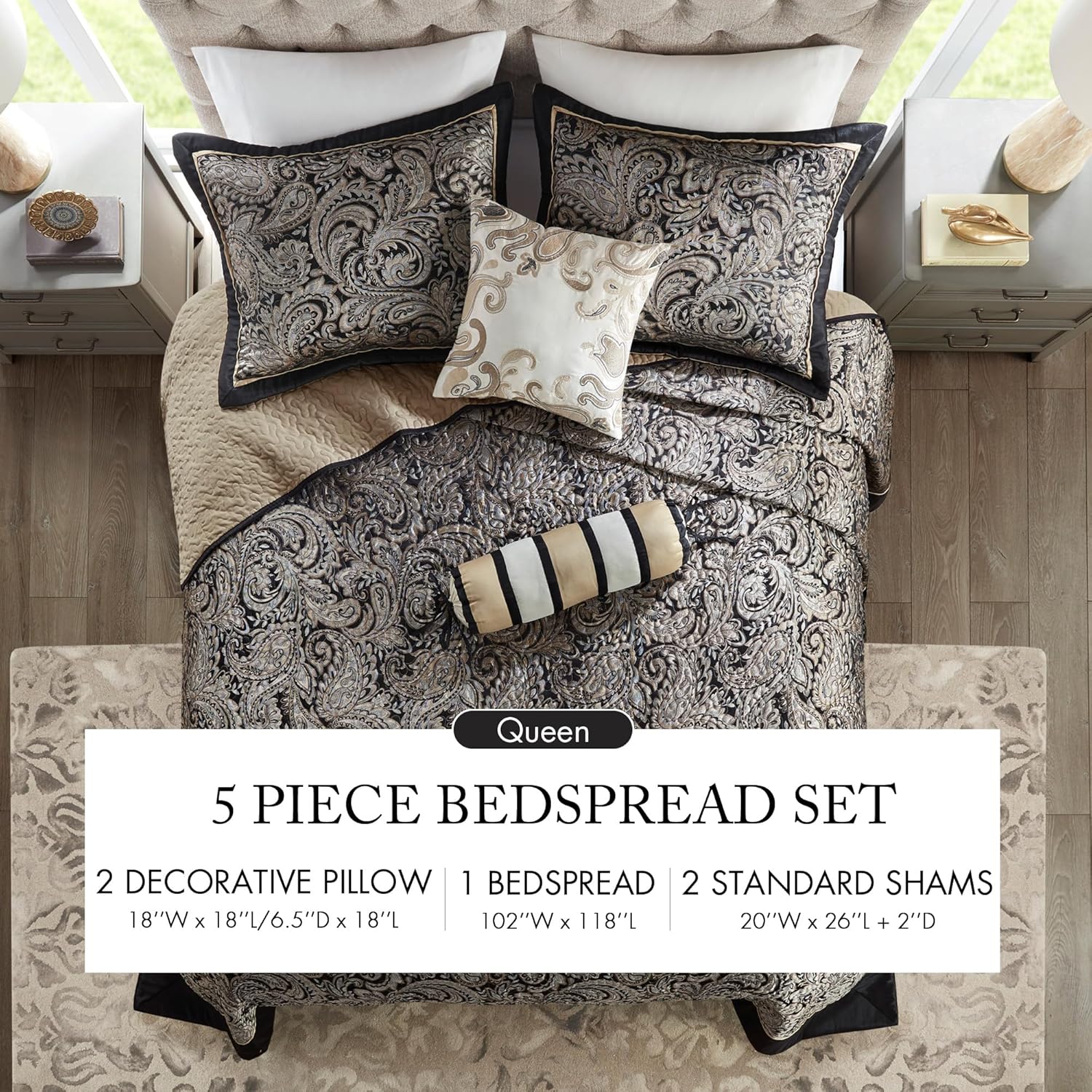 Madison Park Aubrey Reversible Bedspread Set 5 Piece Queen Black