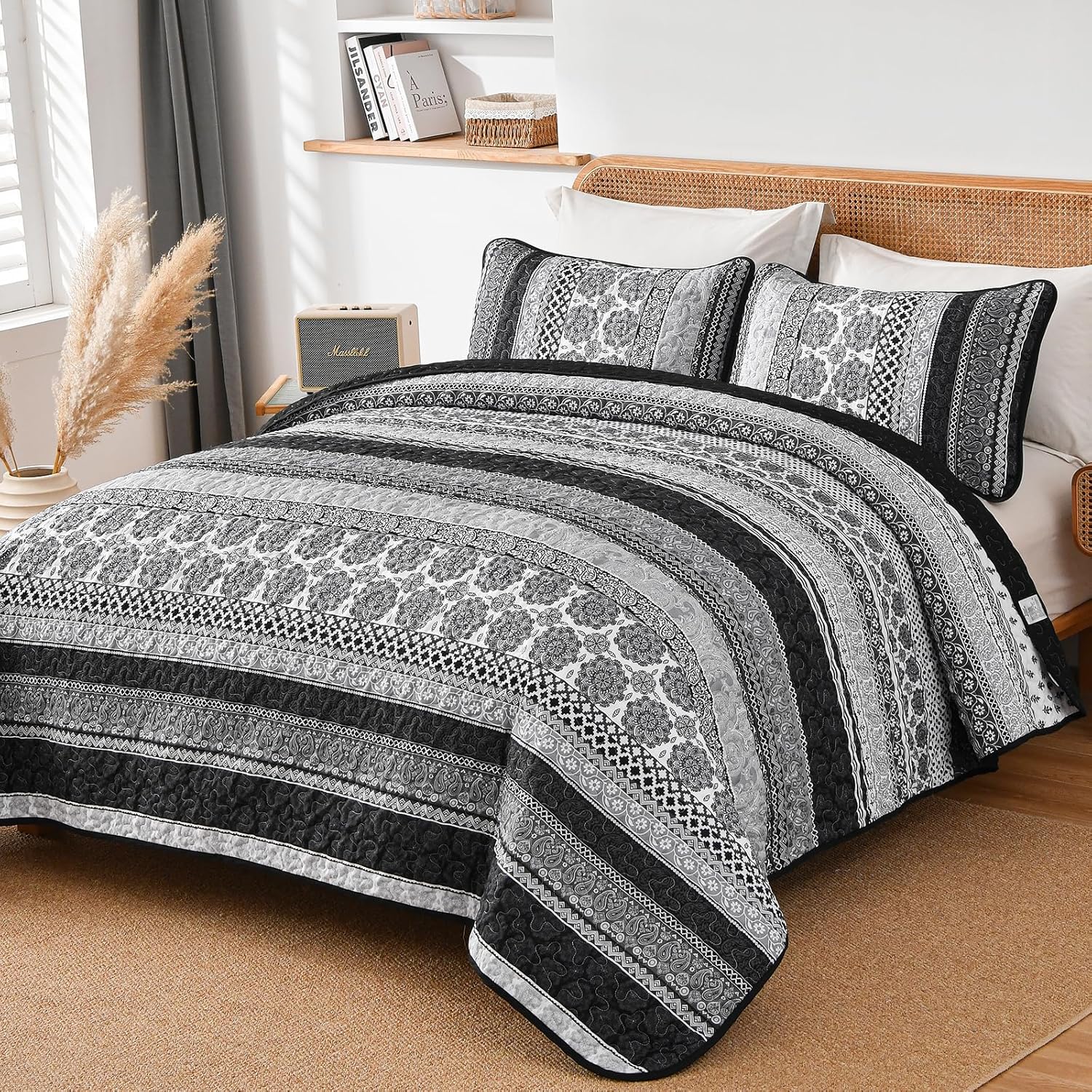 WONGS BEDDING Grey Boho Quilt Set King Size 3 pcs