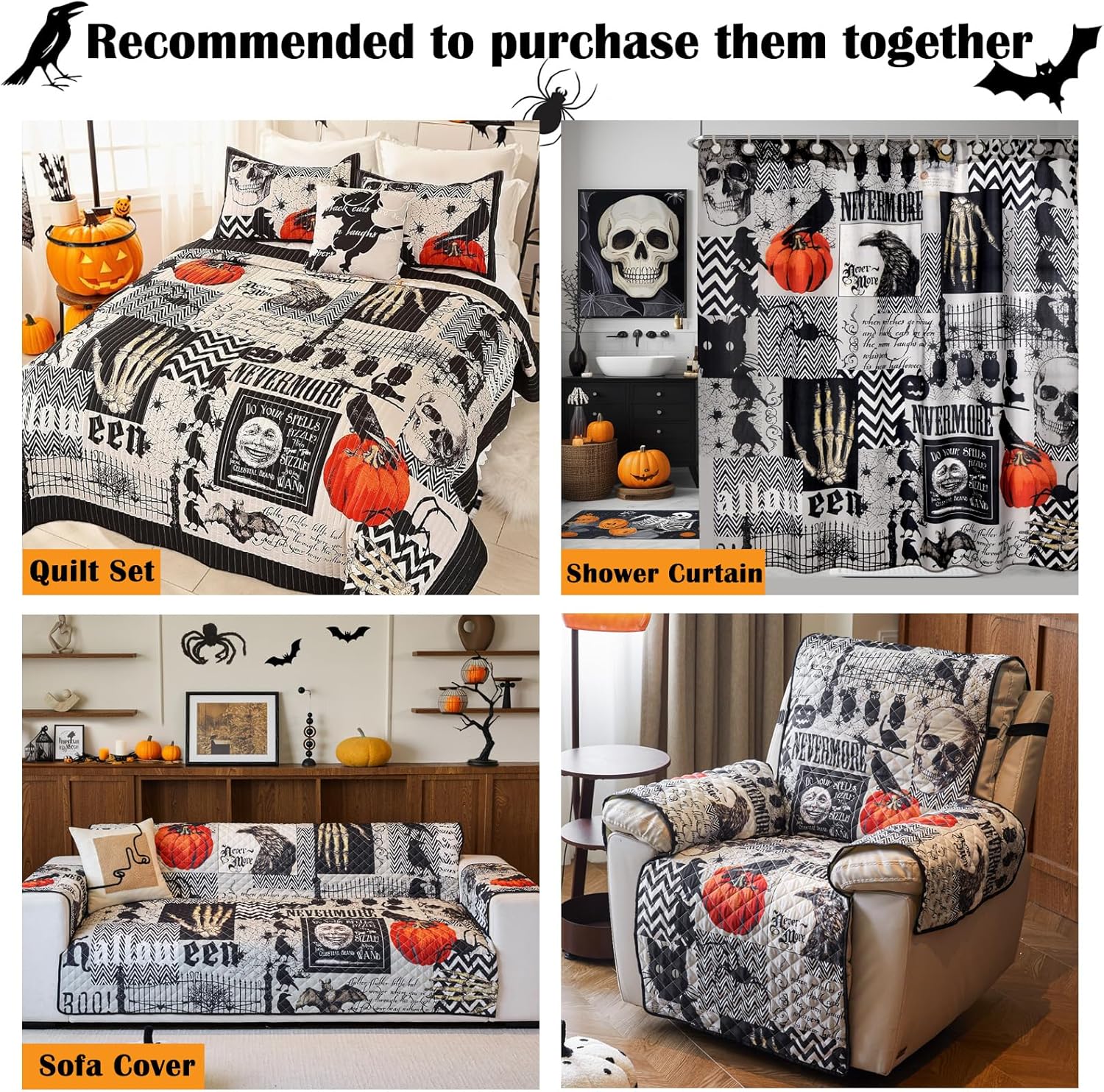 EVENHUG Halloween Queen Quilt Set with Pillow Shams