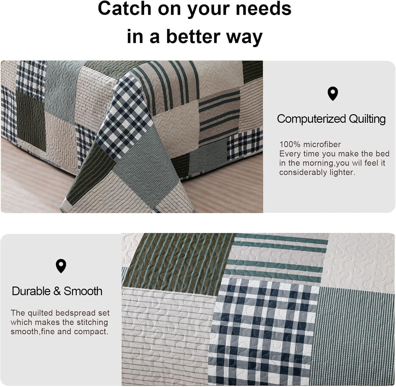 Jessy Home Queen Size Plaid Patchwork Bedspread Set