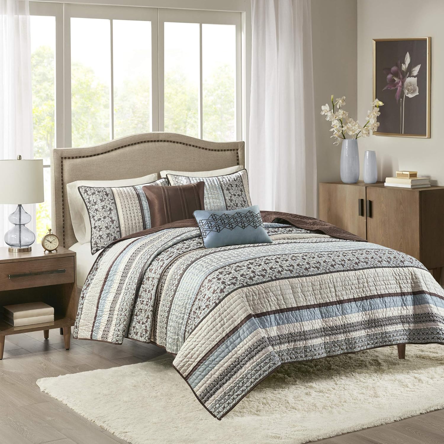 Madison Park Quilt Set with Jacquard Stripes - 5 Piece Floral Blue