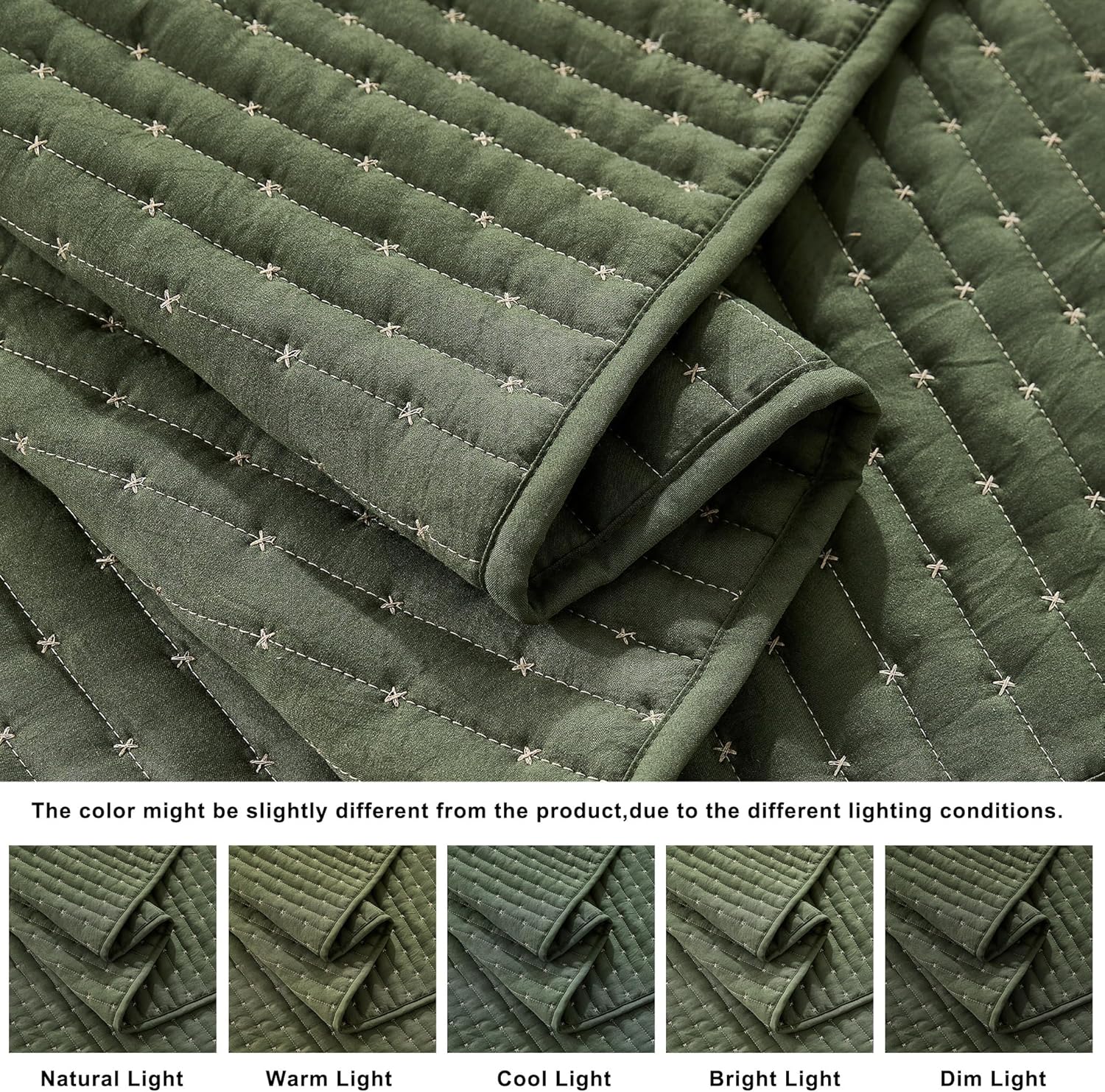 WDCOZY Olive Green Cross Stitch King Size Quilt Set