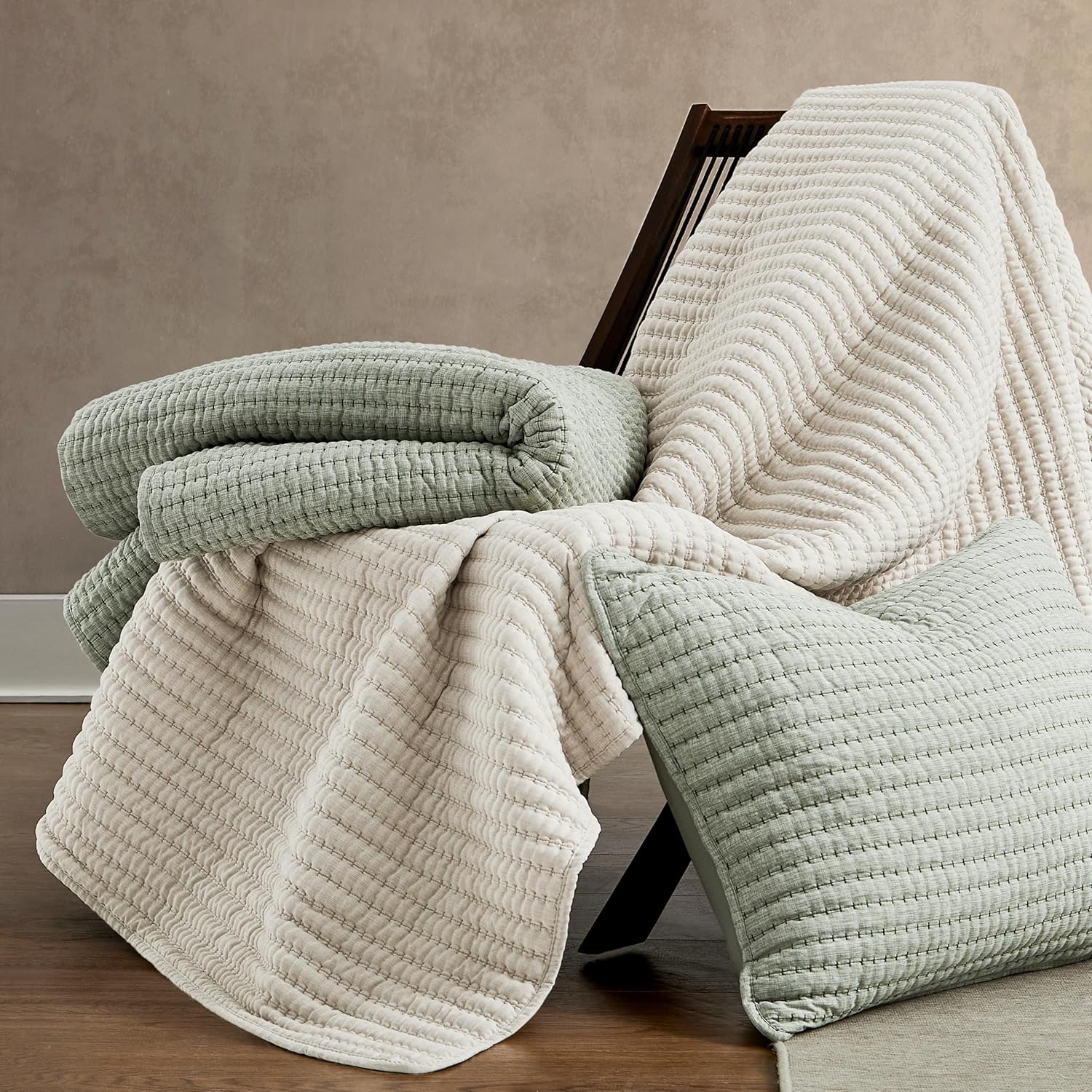 WDCOZY Beige Stripe Twin Quilt Set with Pick Stitch 1