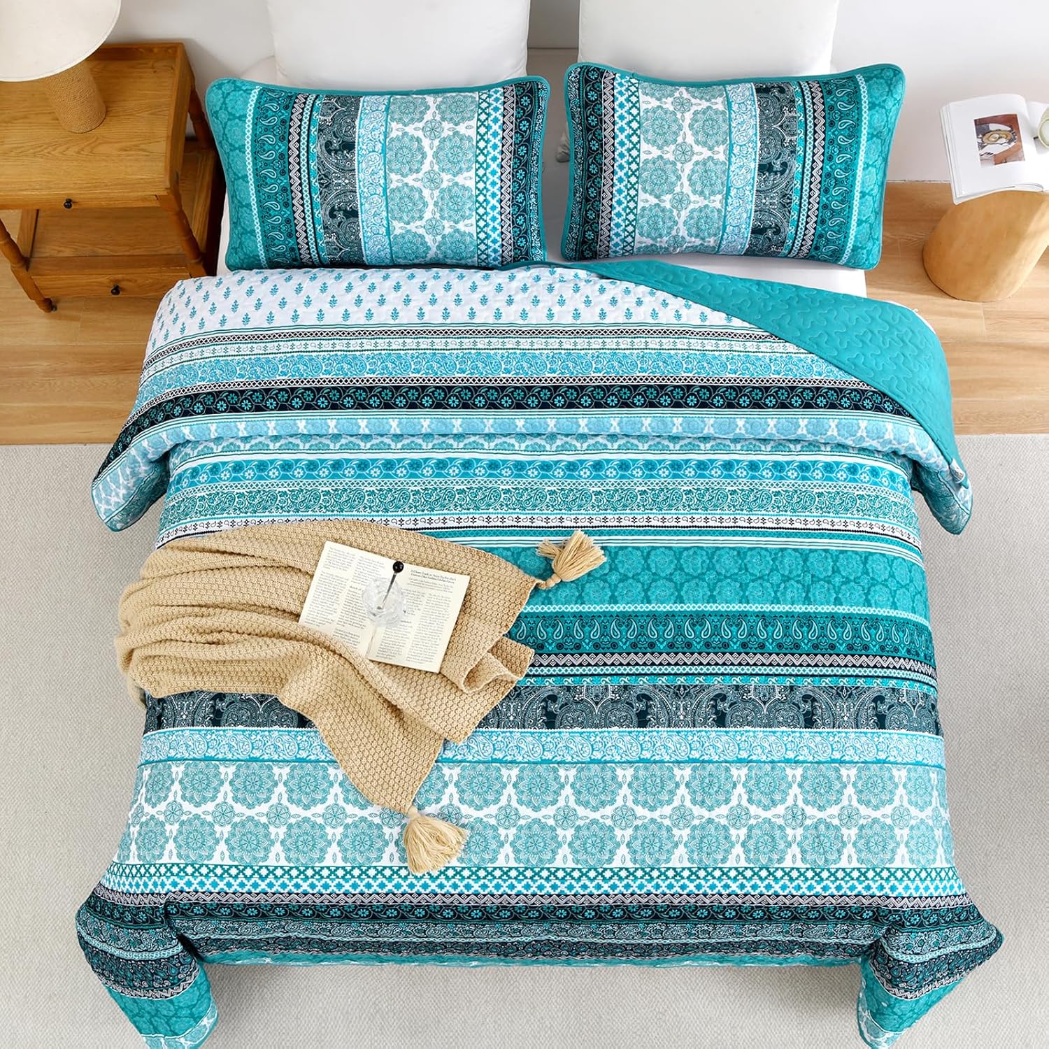 WONGS BEDDING Teal Boho Quilt Set Queen 3 Piece