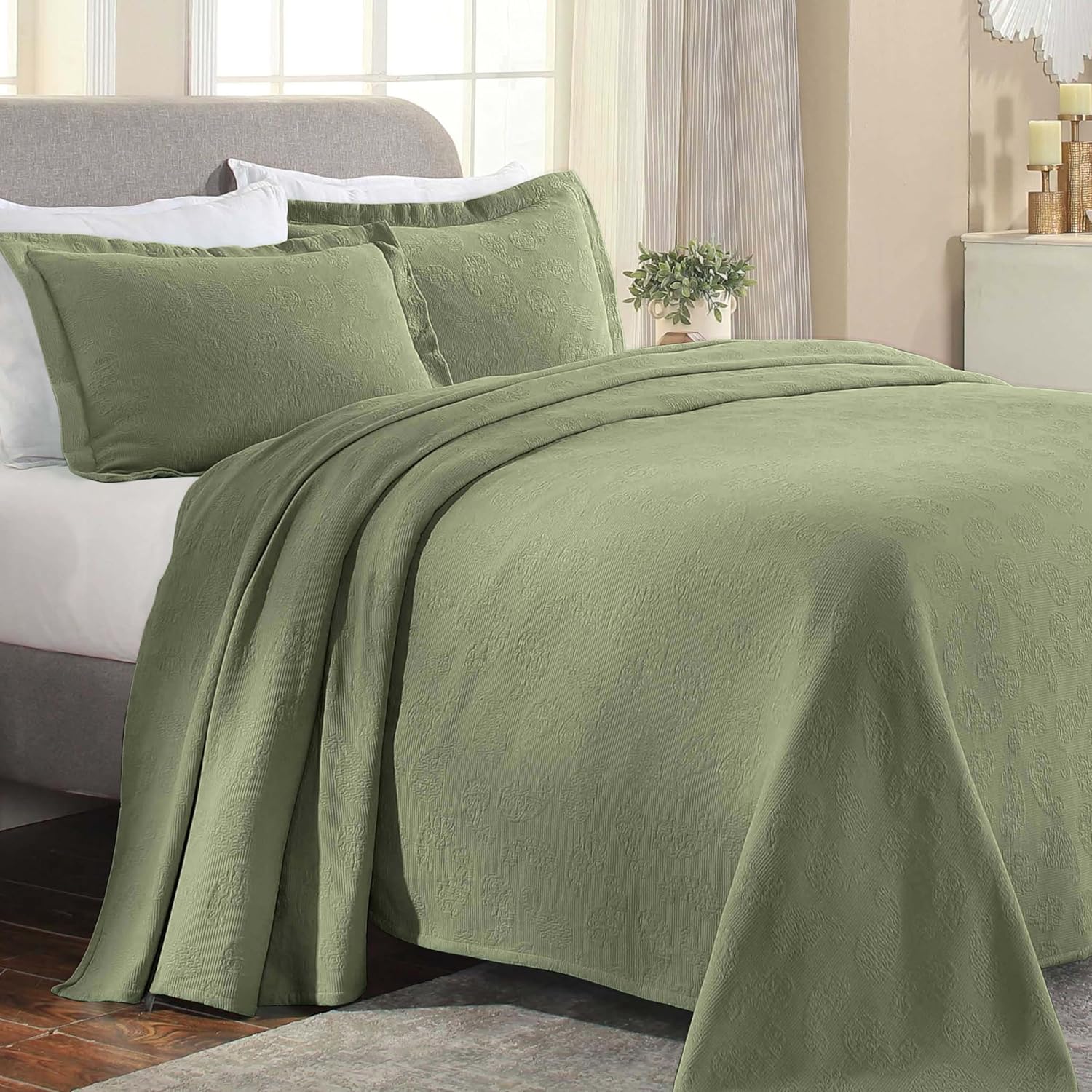 Superior Paisley Cotton Bedspread Set King Size Sage